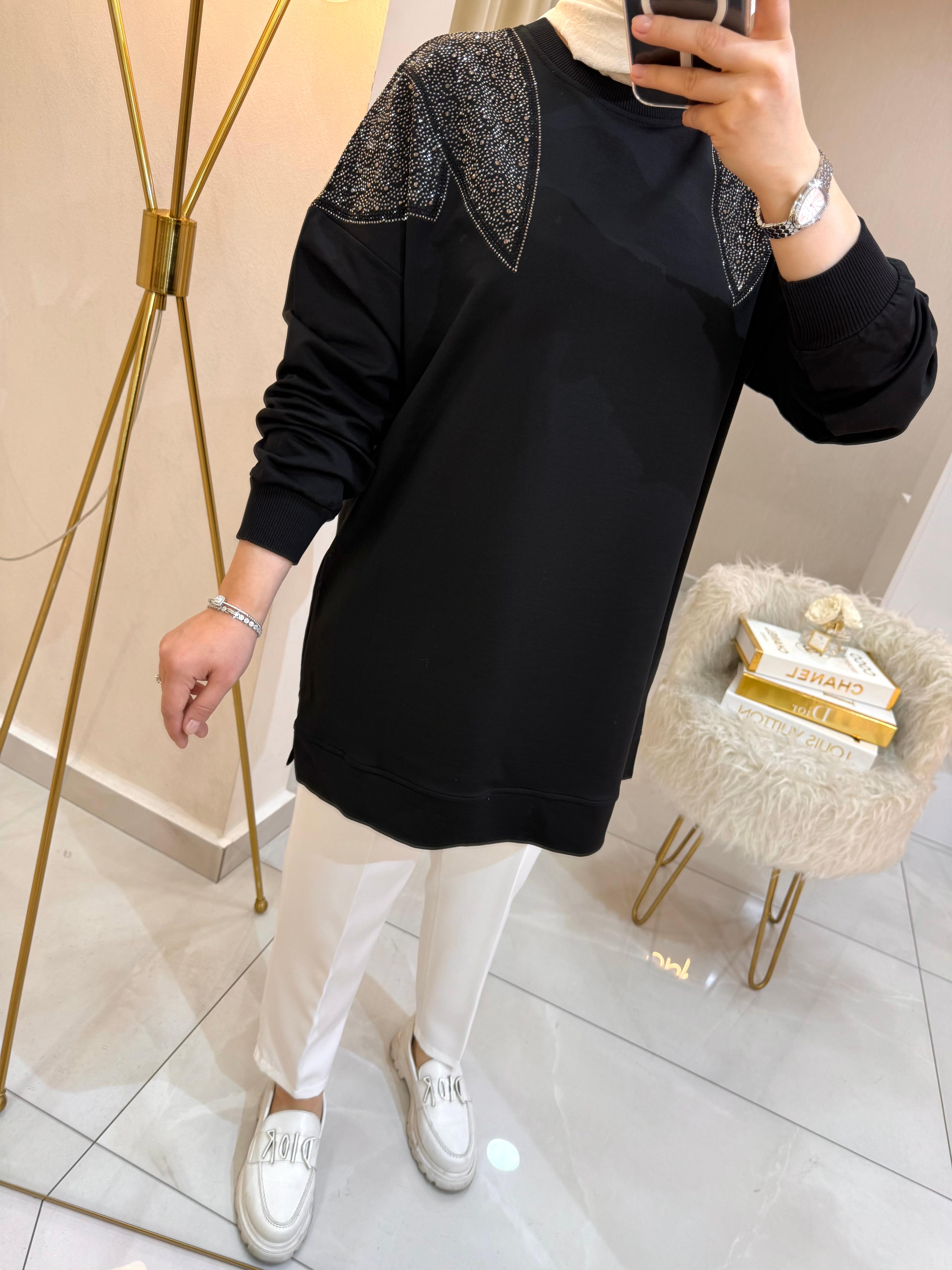 Omzu Taşlı Sweat Siyah