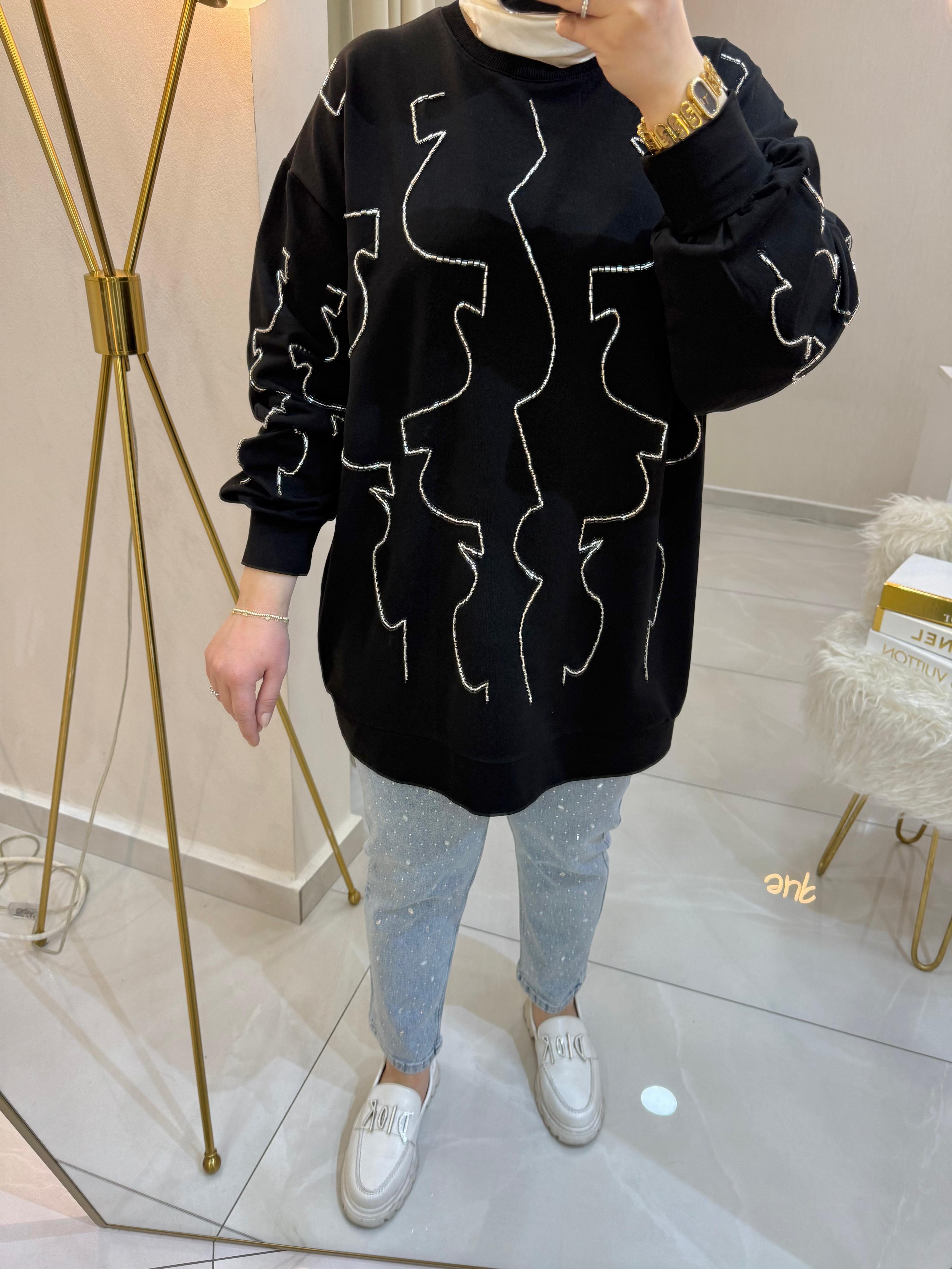 Boncuklu Sweat Siyah