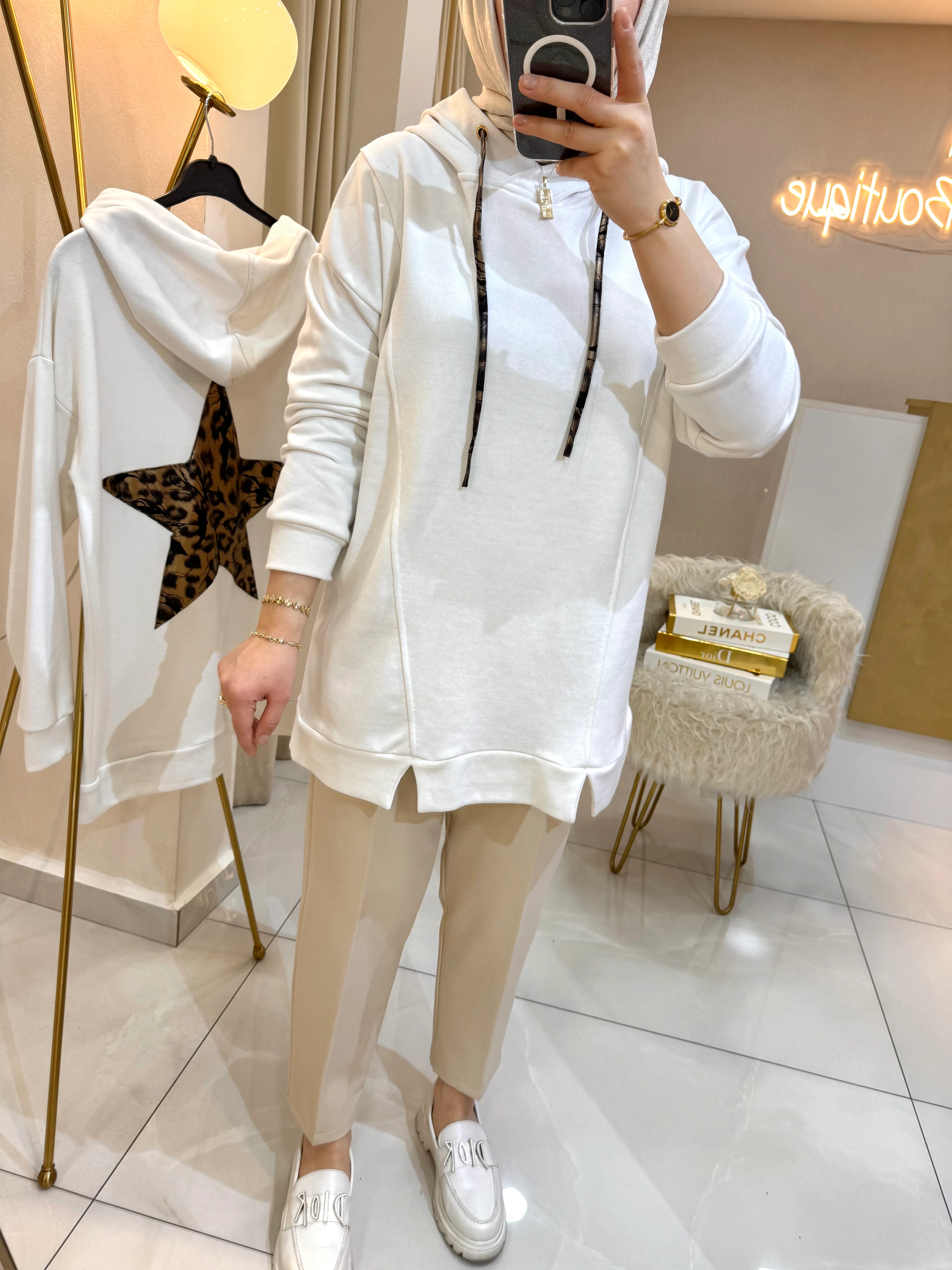 Leopar Yıldızlı Sweat Ekru