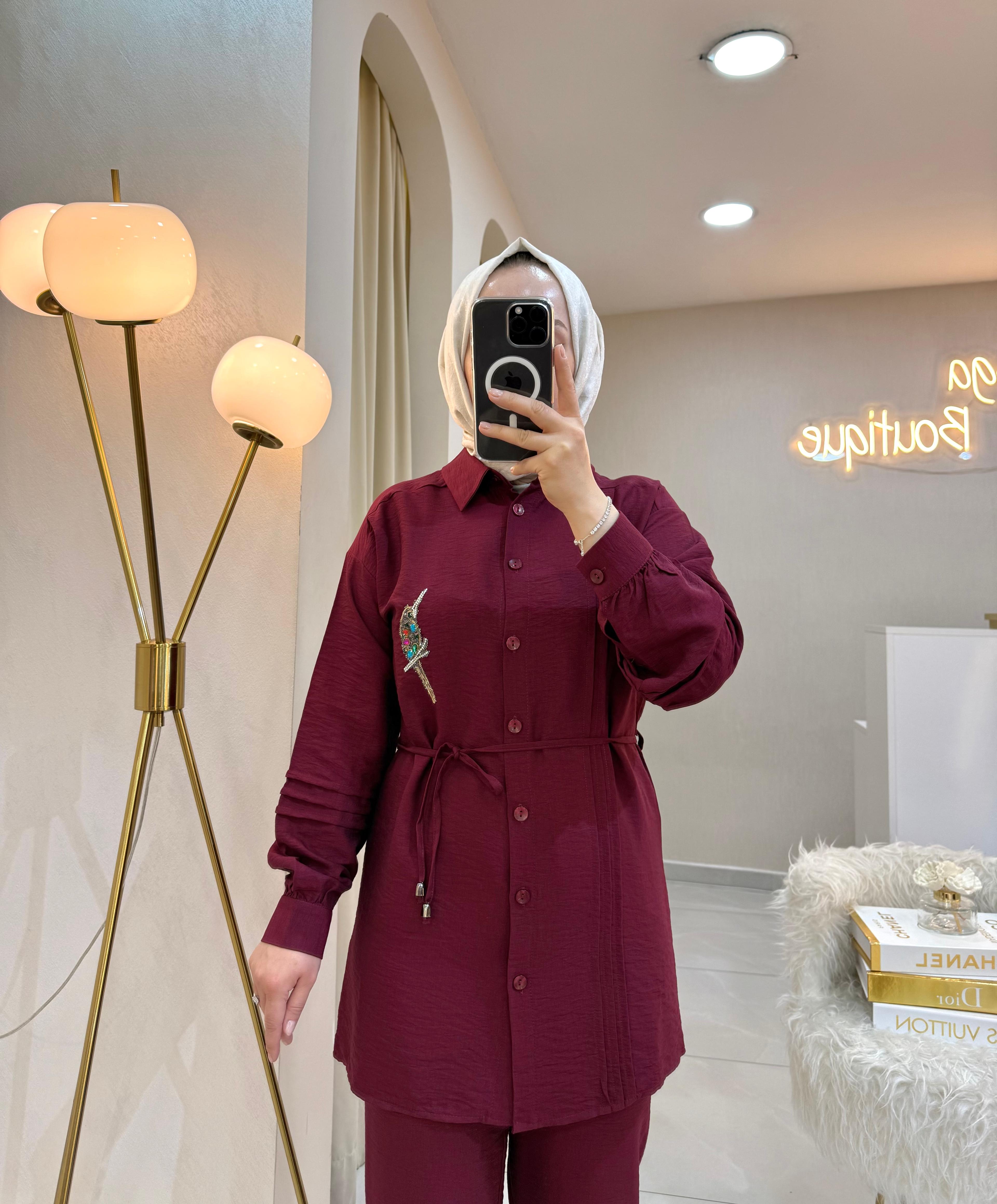 Kuş Detaylı Takım Bordo