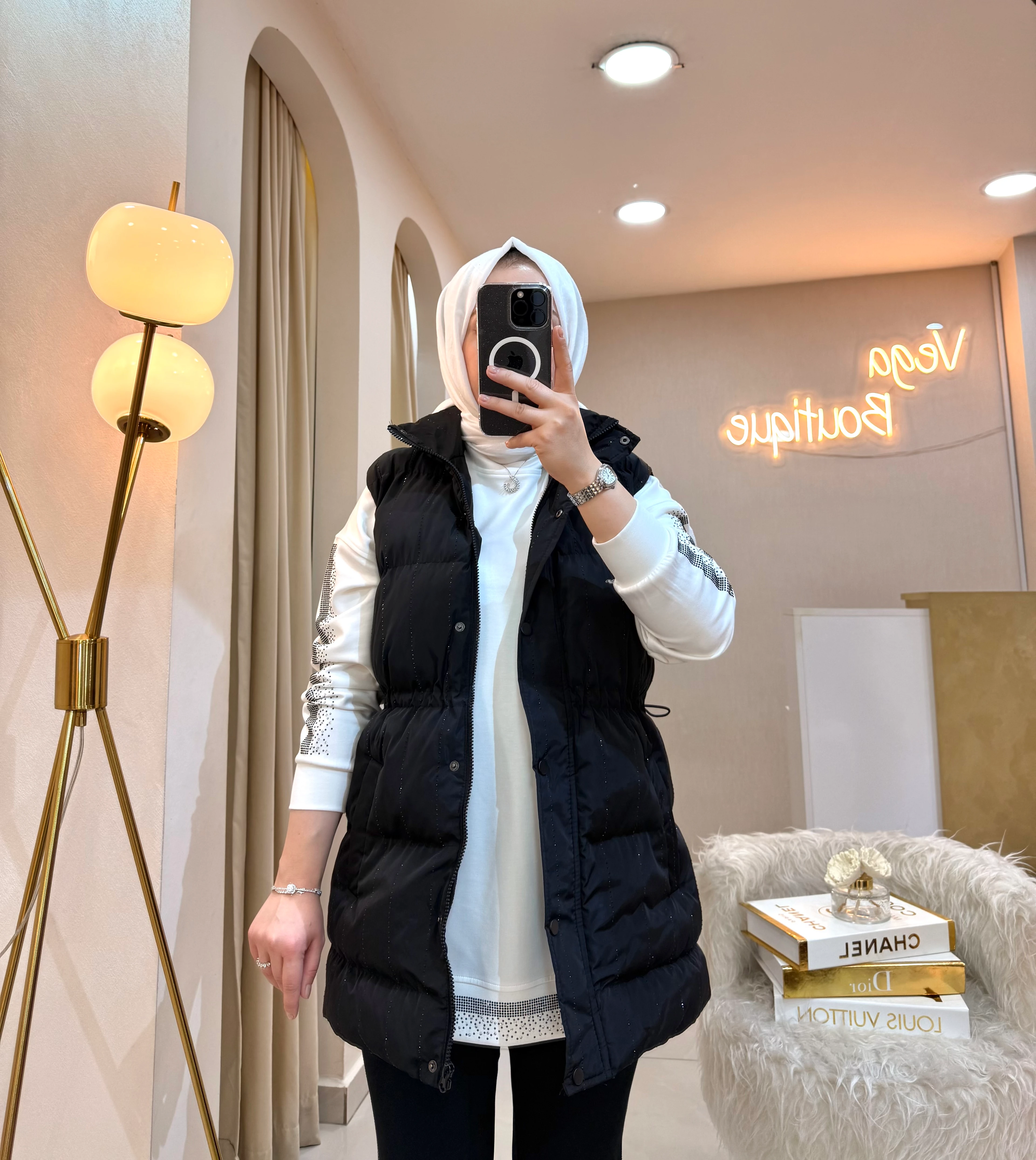 Taşlı Şişme Yelek Siyah