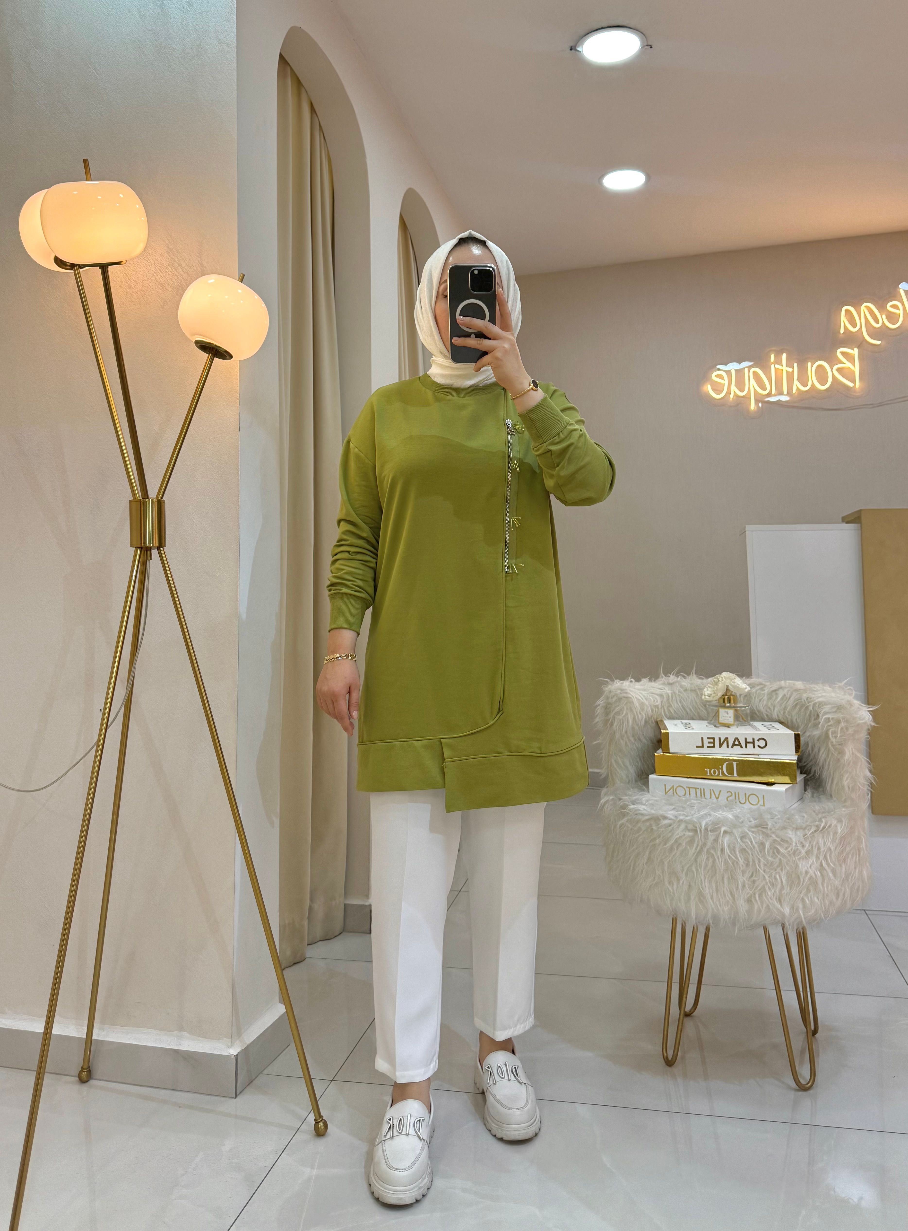 Boncuklu Fermuar Sweat Yeşil