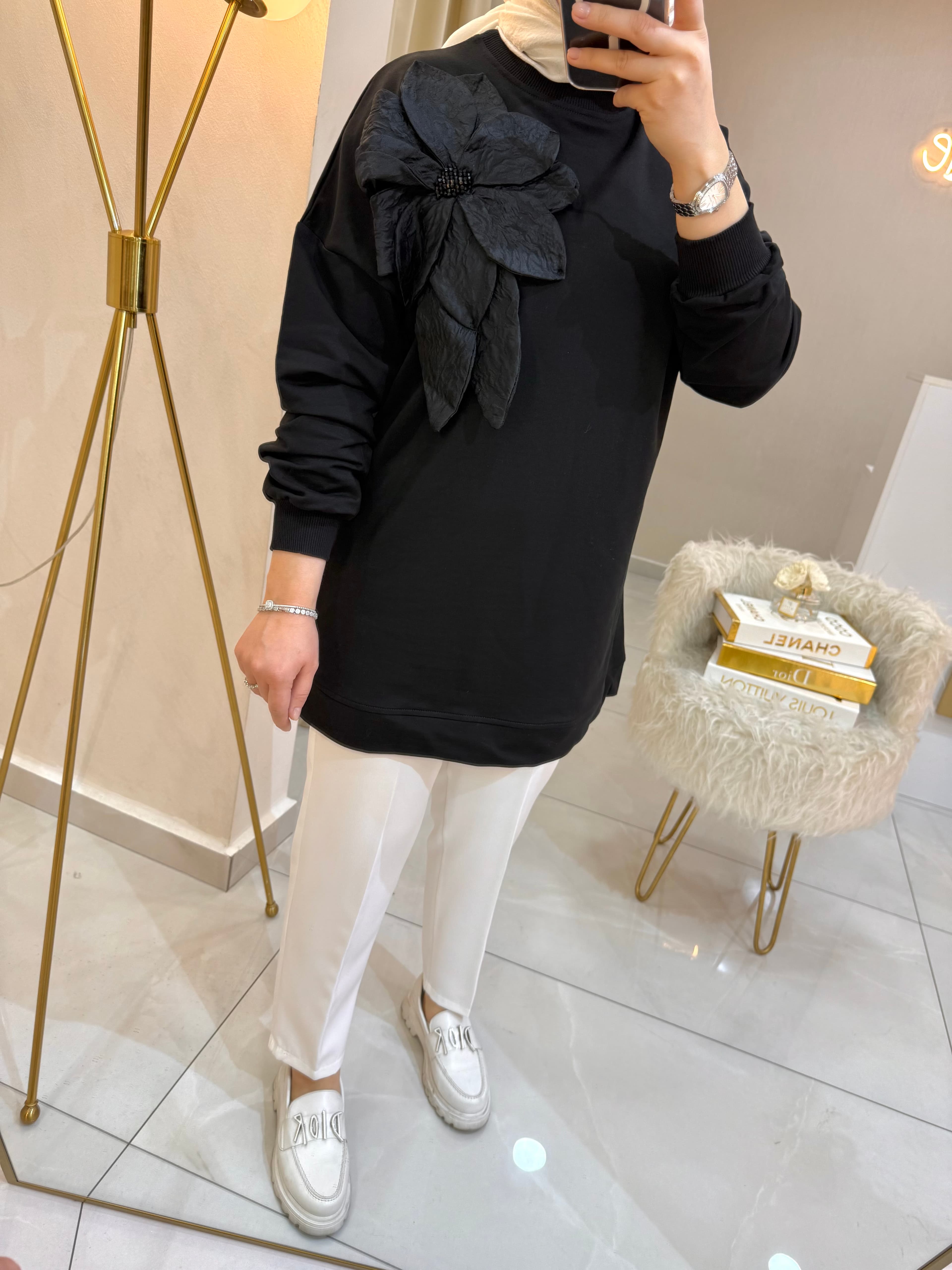 Çiçekli Sweat Siyah