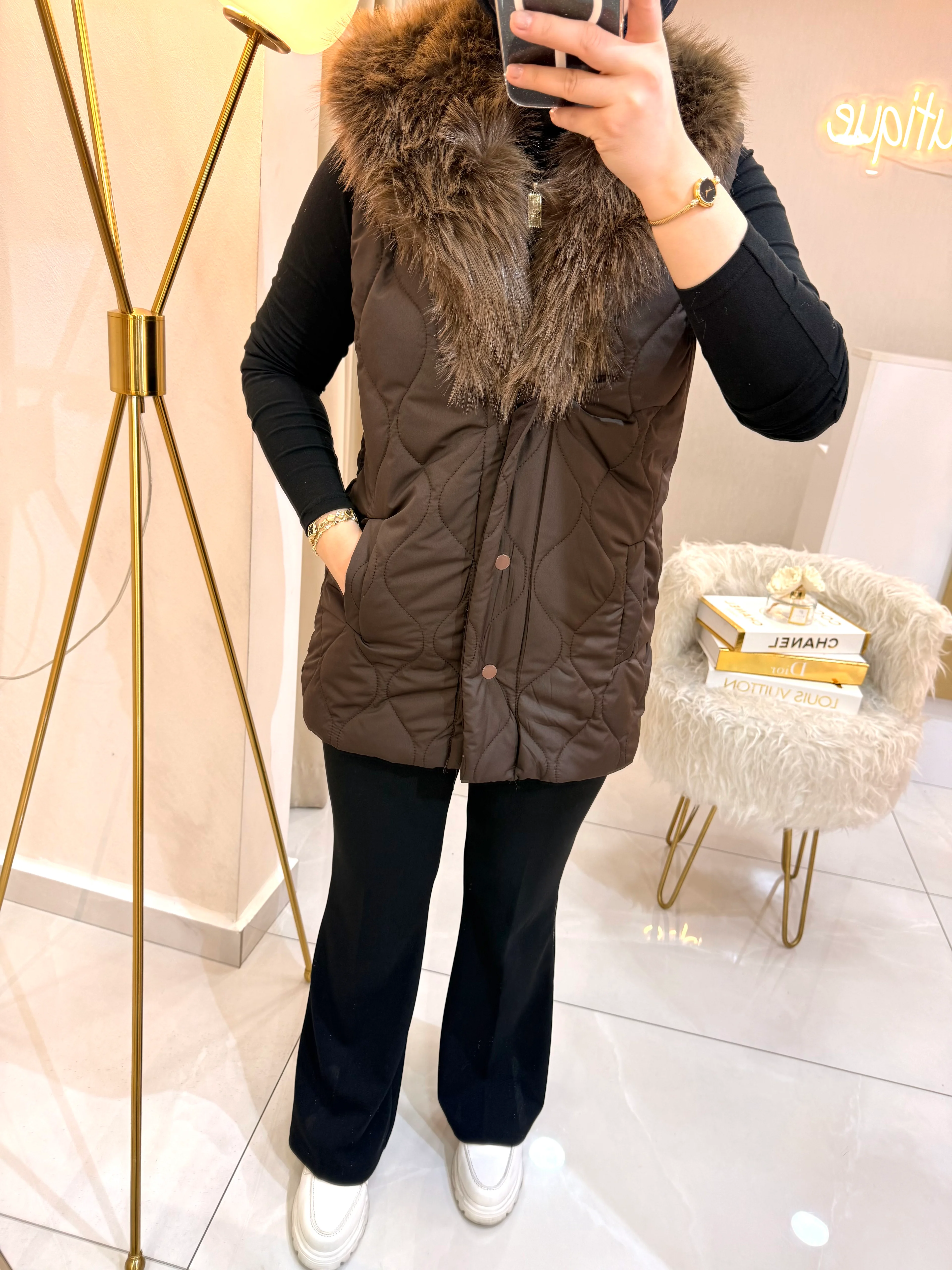 Kürk Yakalı Kapitone Yelek Kahve