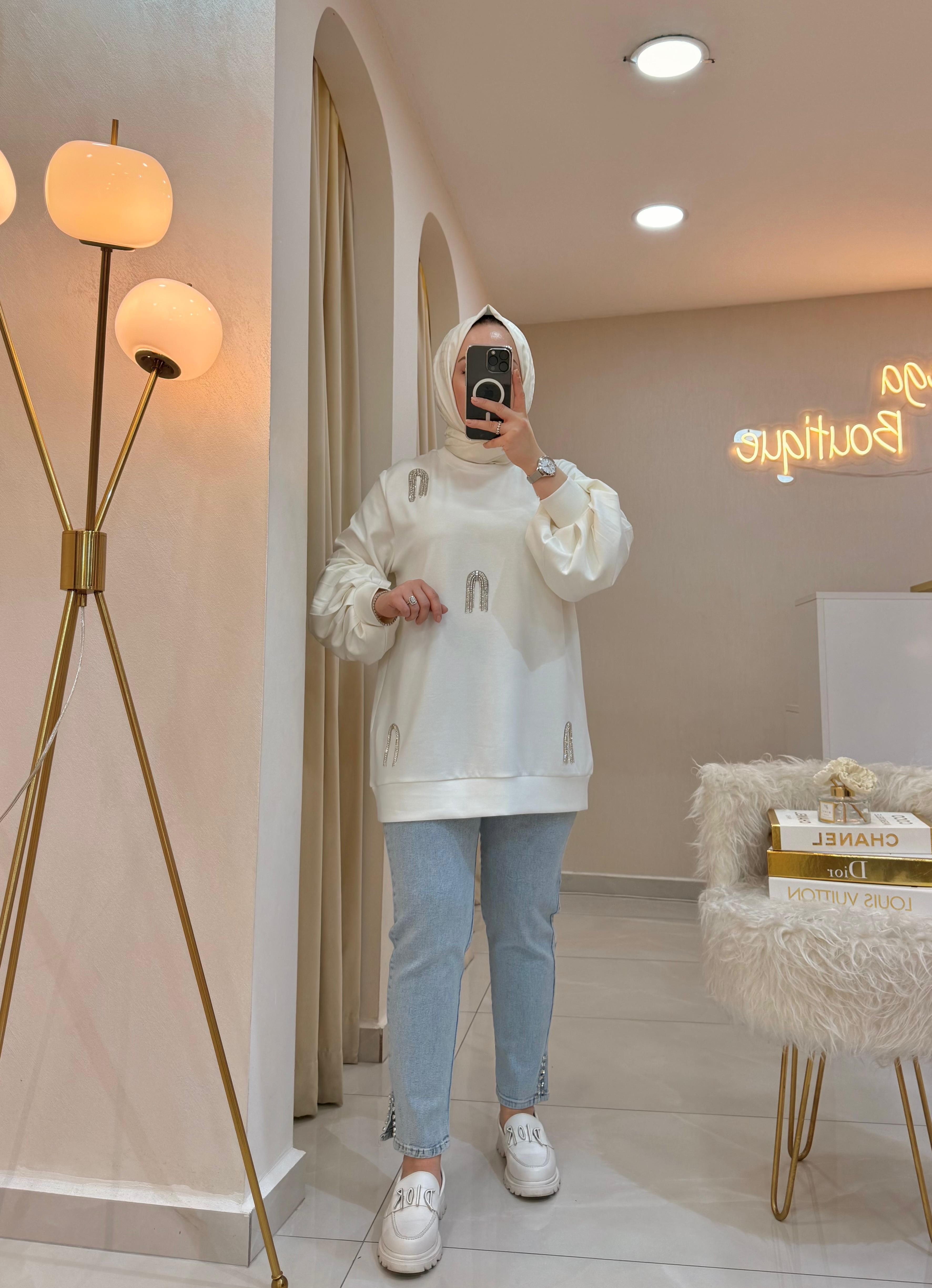 Püskül Taşlı Balon Kol Sweat