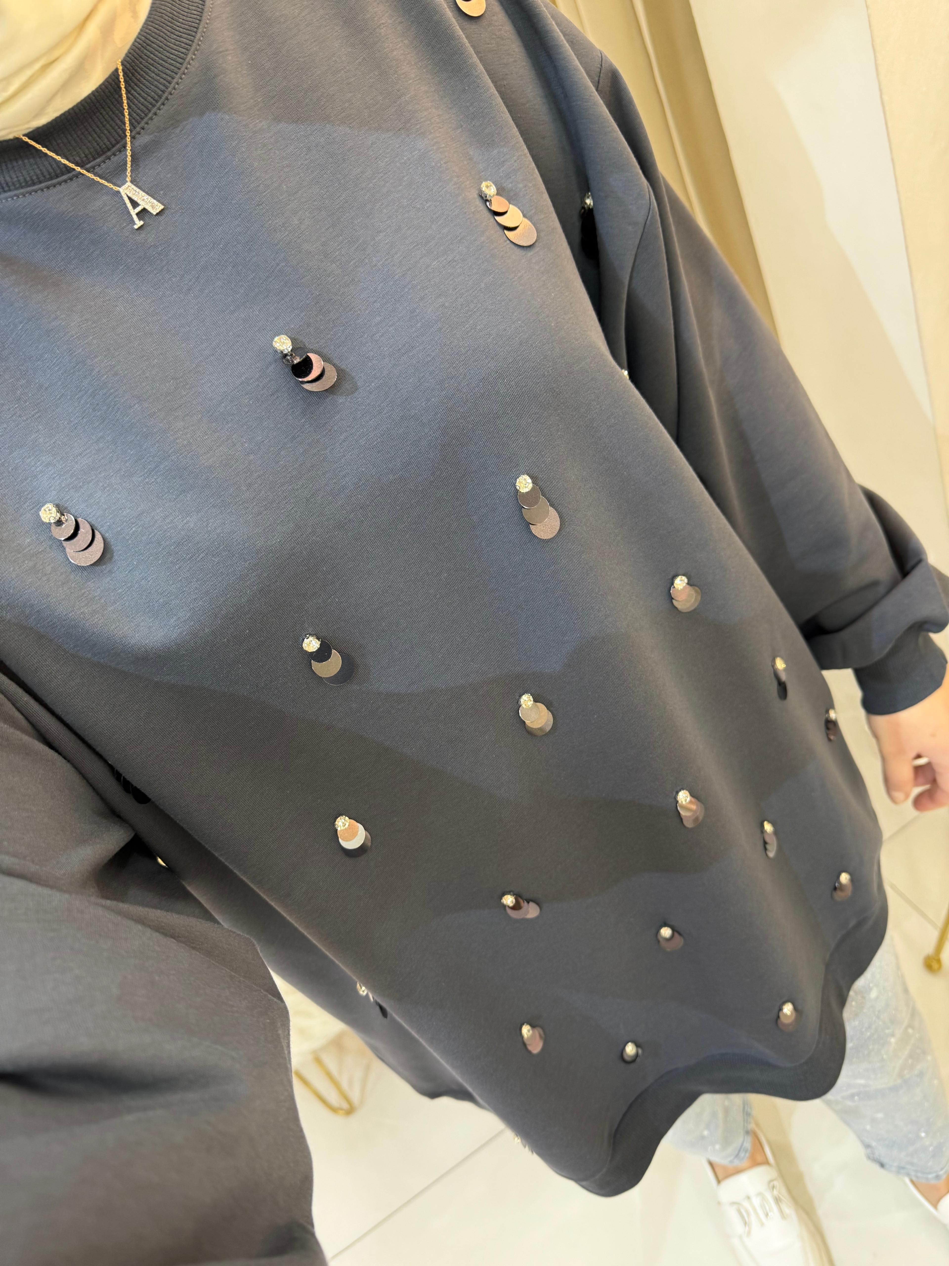 Pullu Taşlı Sweat Füme