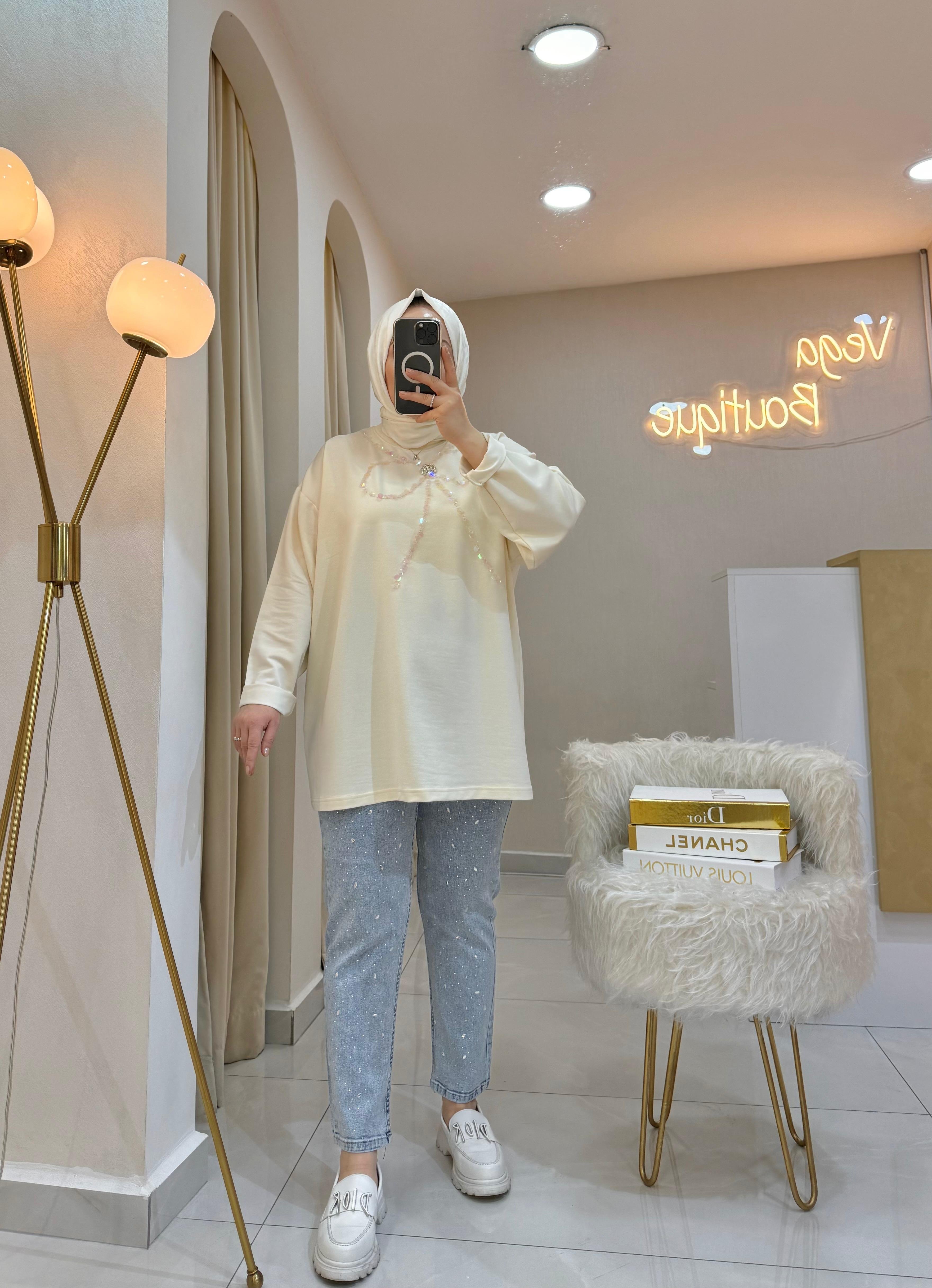 Kurdele Taşlı Sweat Ekru