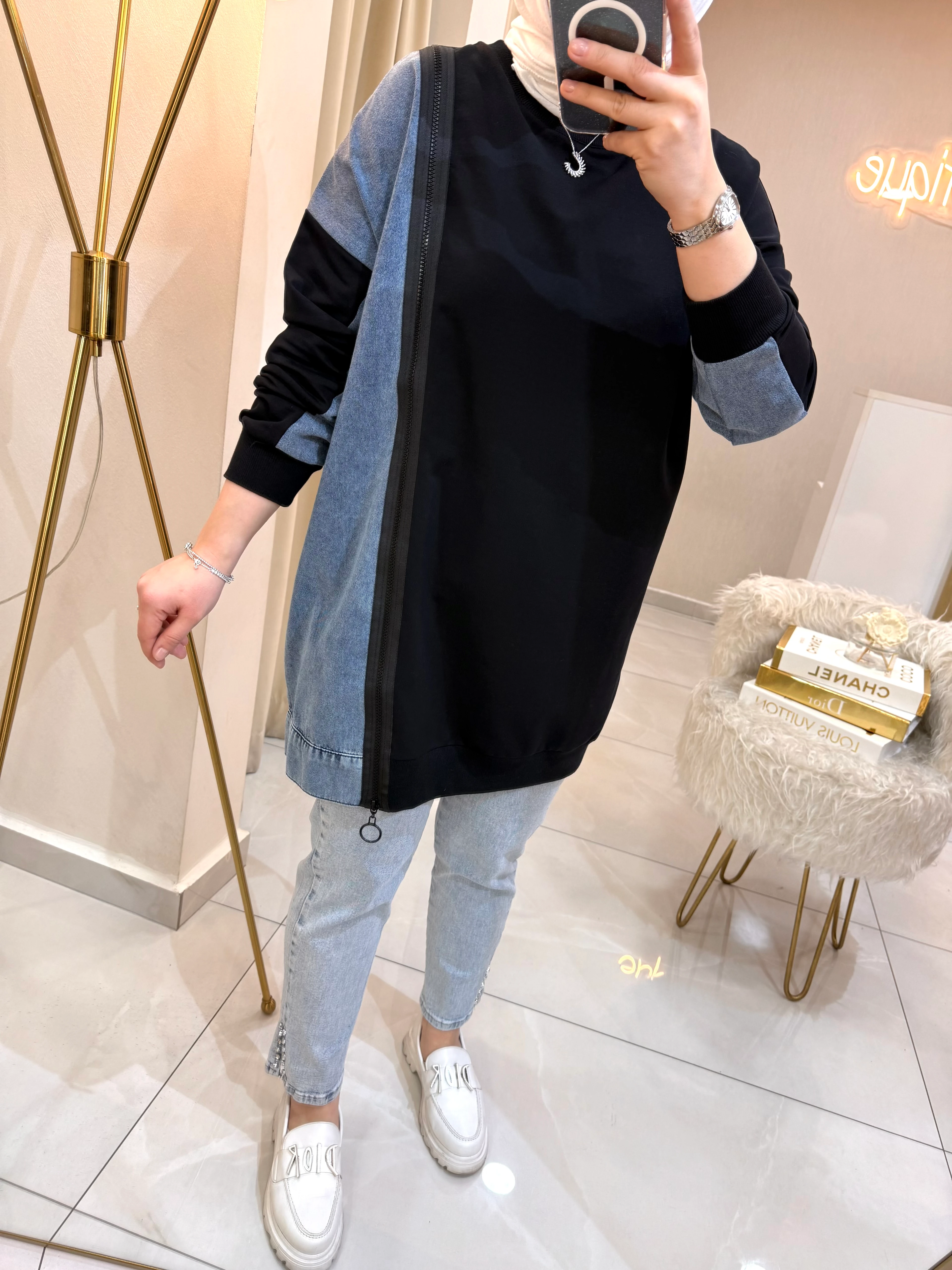 Kot Detaylı Sweat Siyah