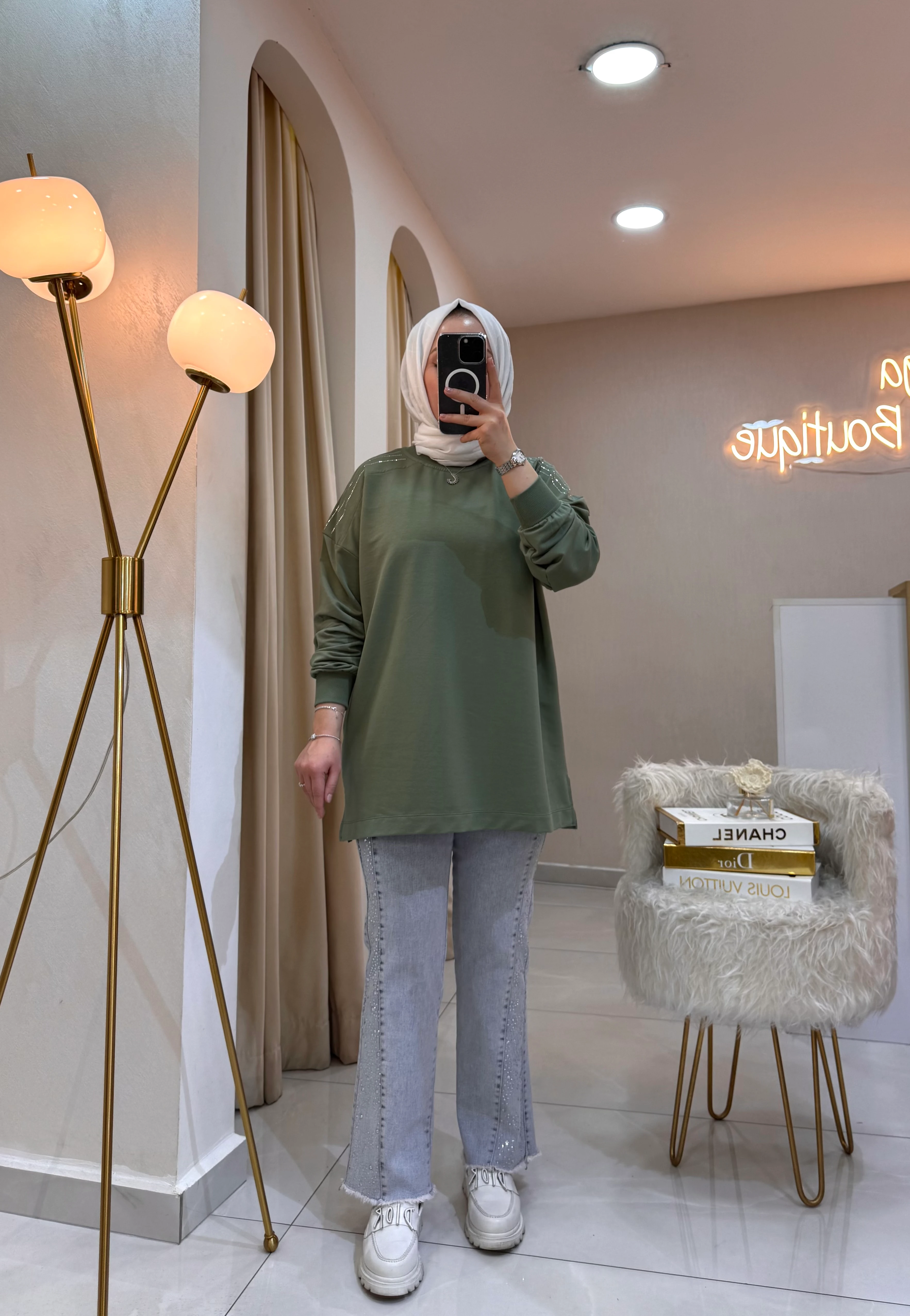 Omzu Taşlı Sweat Çağla