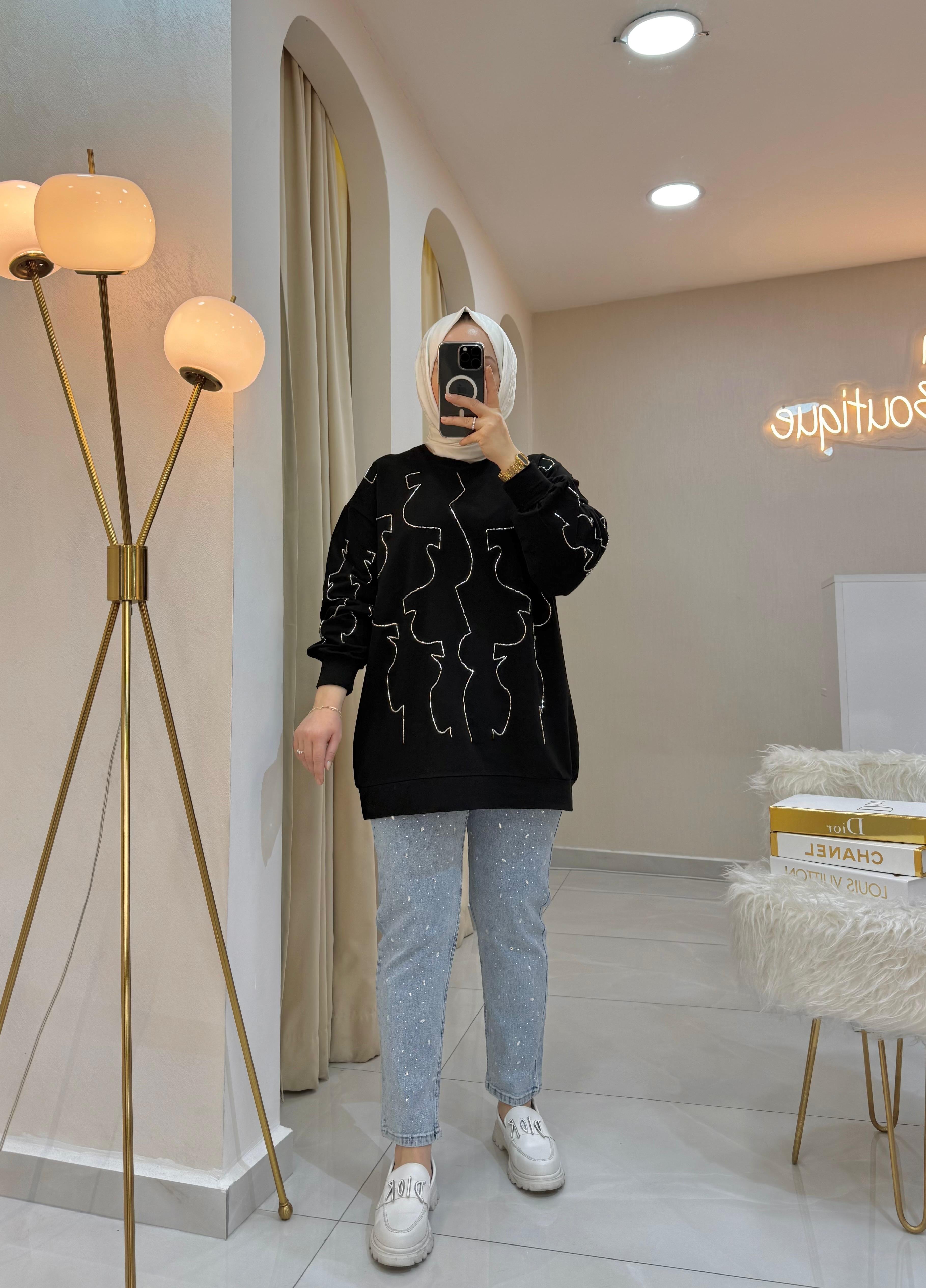Boncuklu Sweat Siyah
