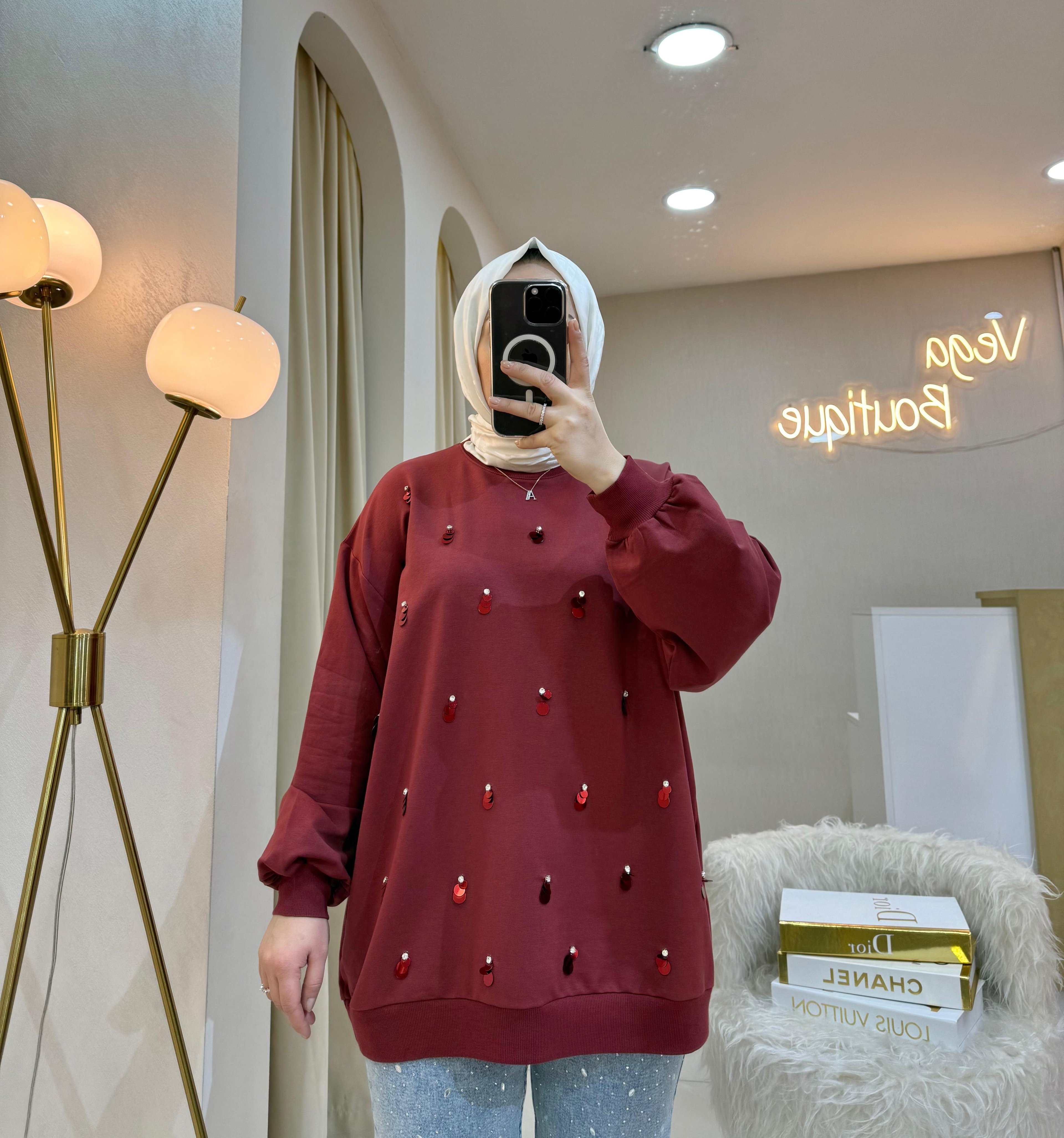Pullu Taşlı Sweat Bordo