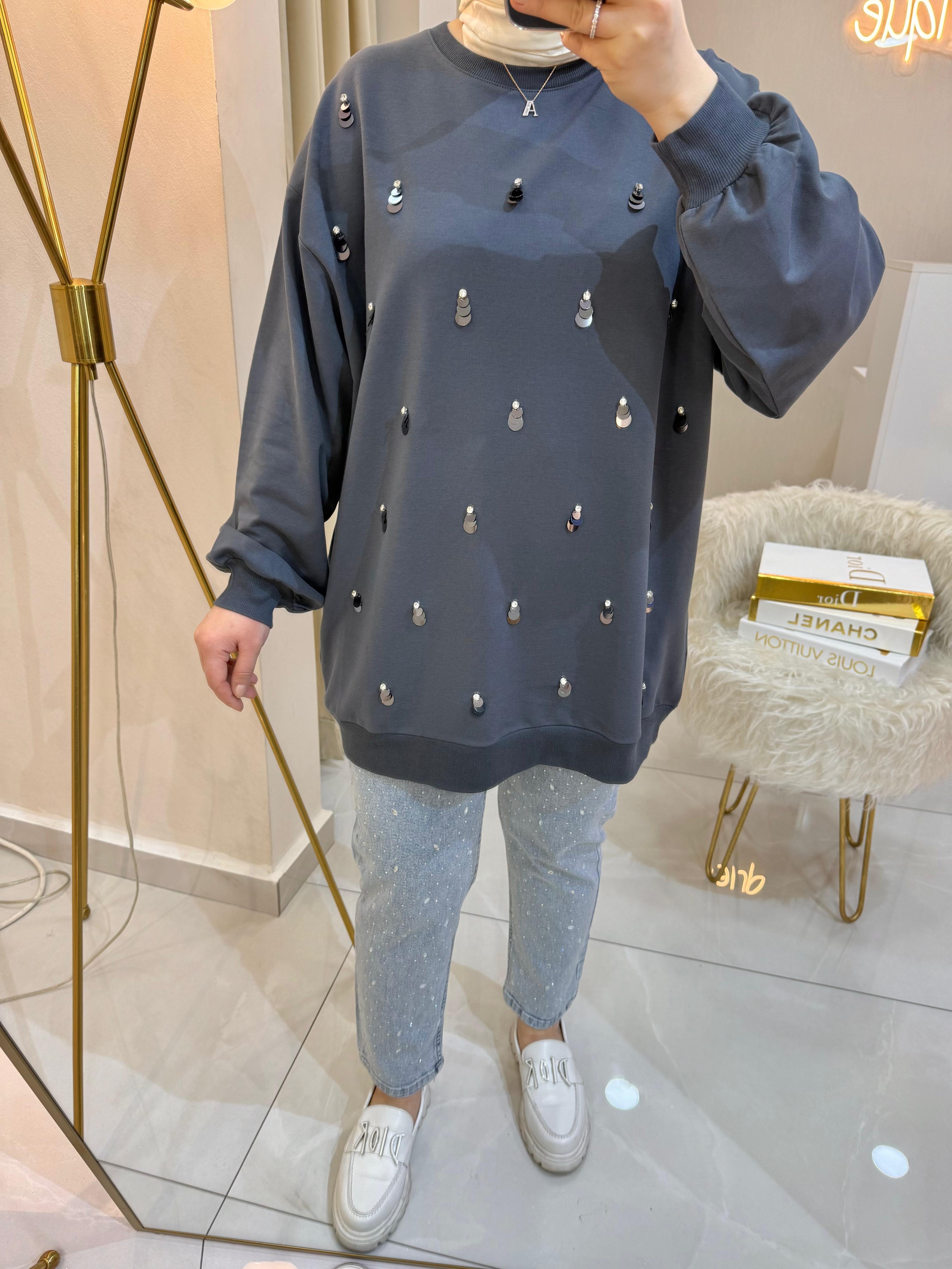 Pullu Taşlı Sweat Füme