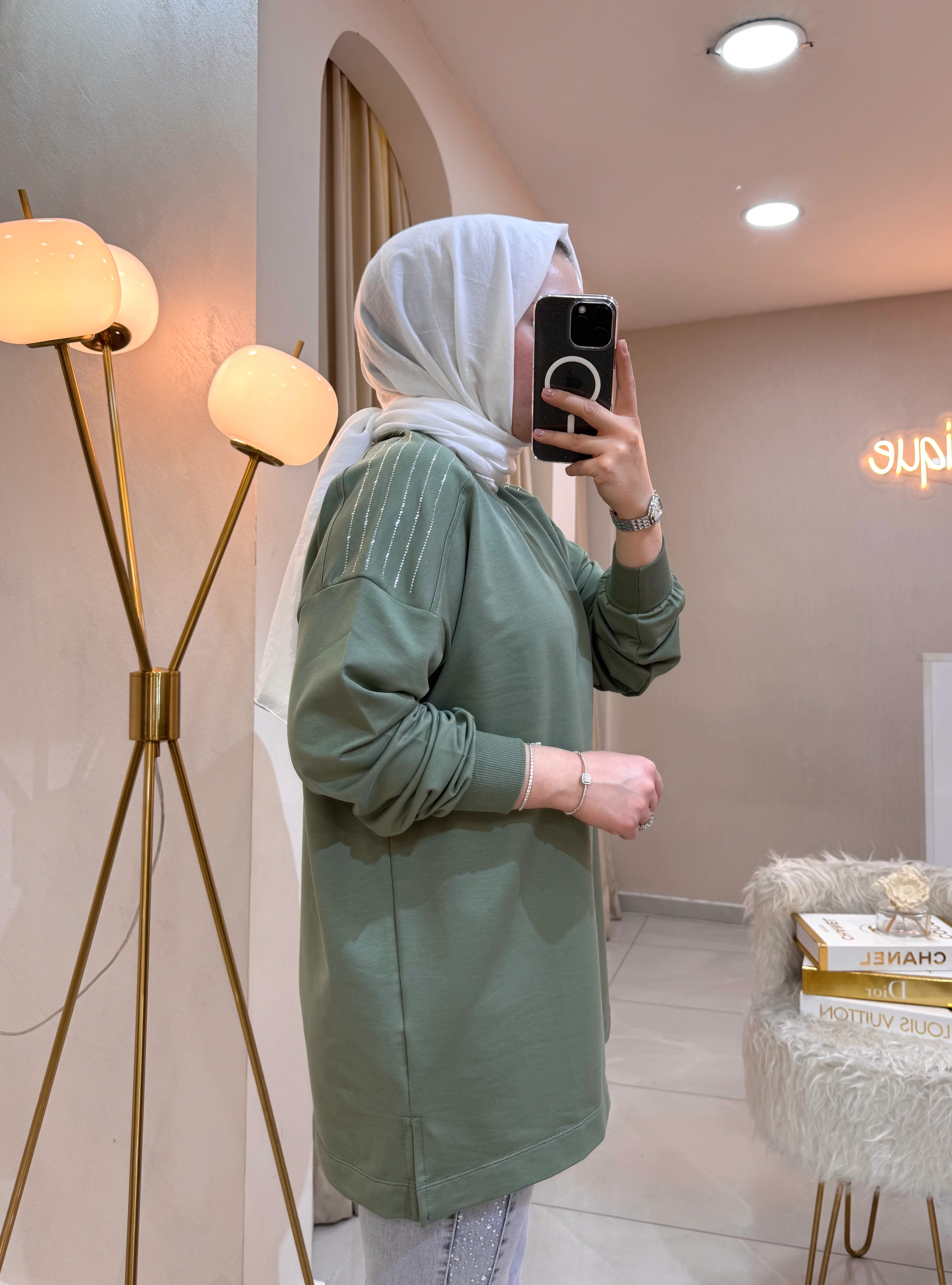 Omzu Taşlı Sweat Çağla