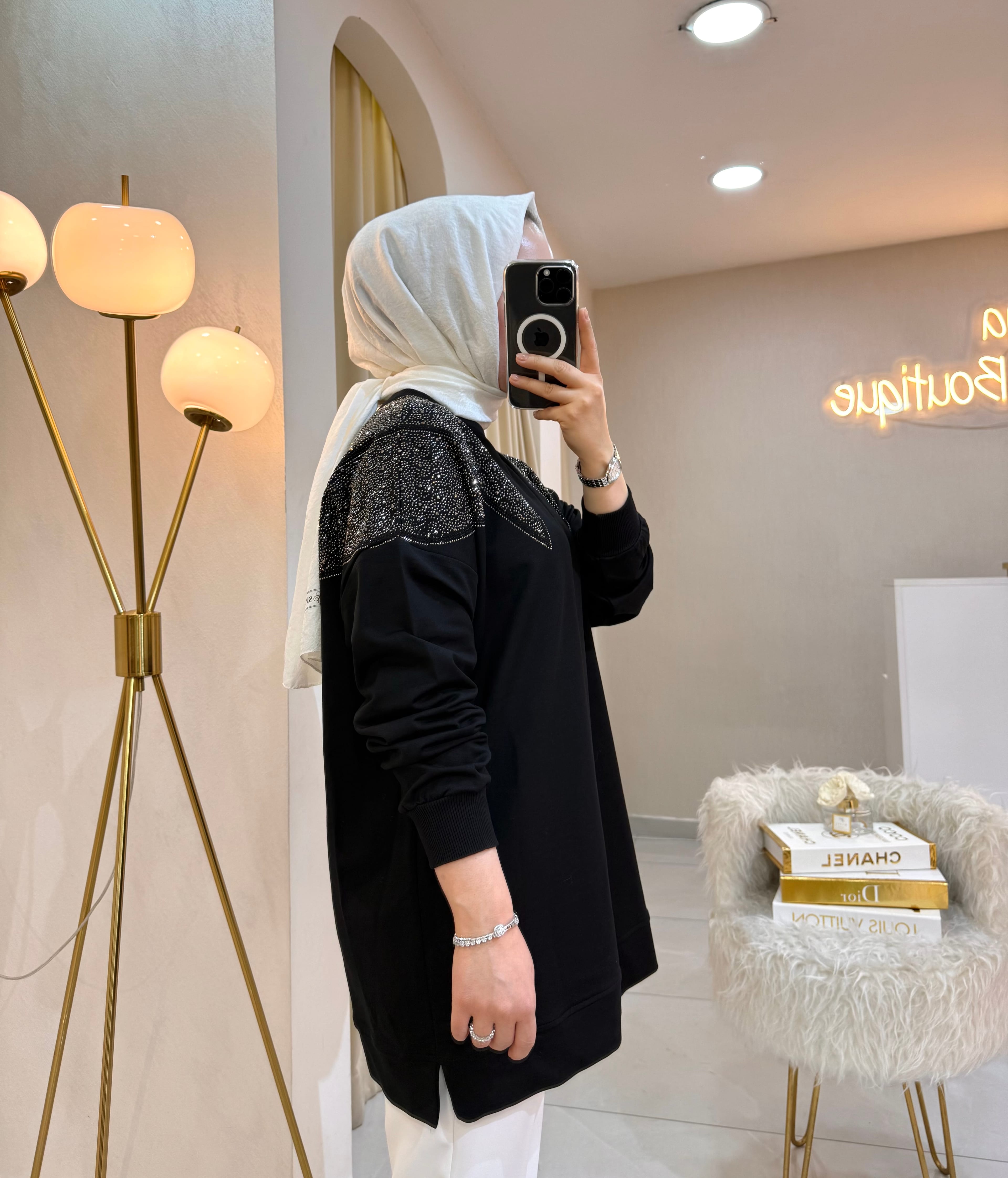 Omzu Taşlı Sweat Siyah