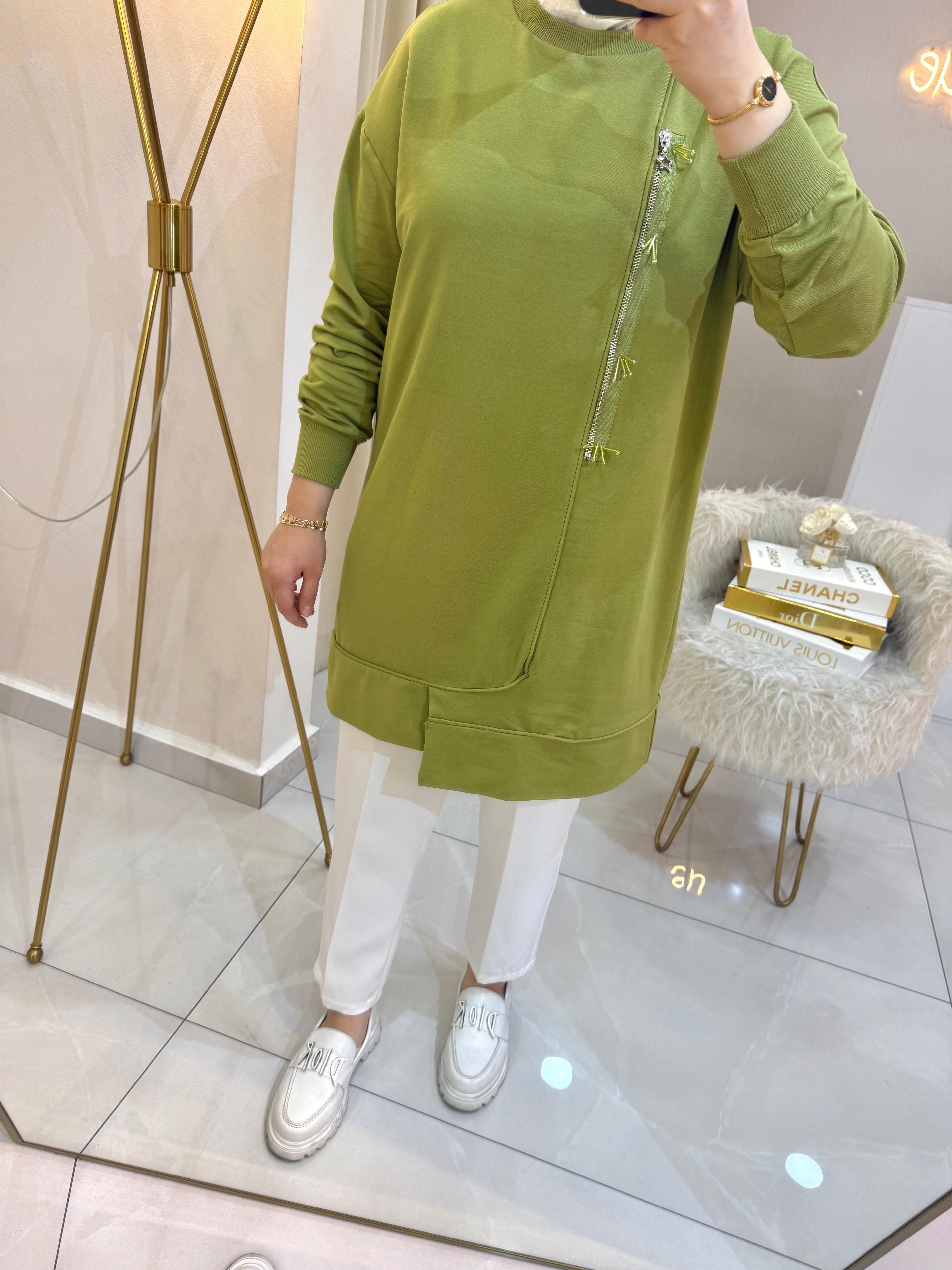 Boncuklu Fermuar Sweat Yeşil