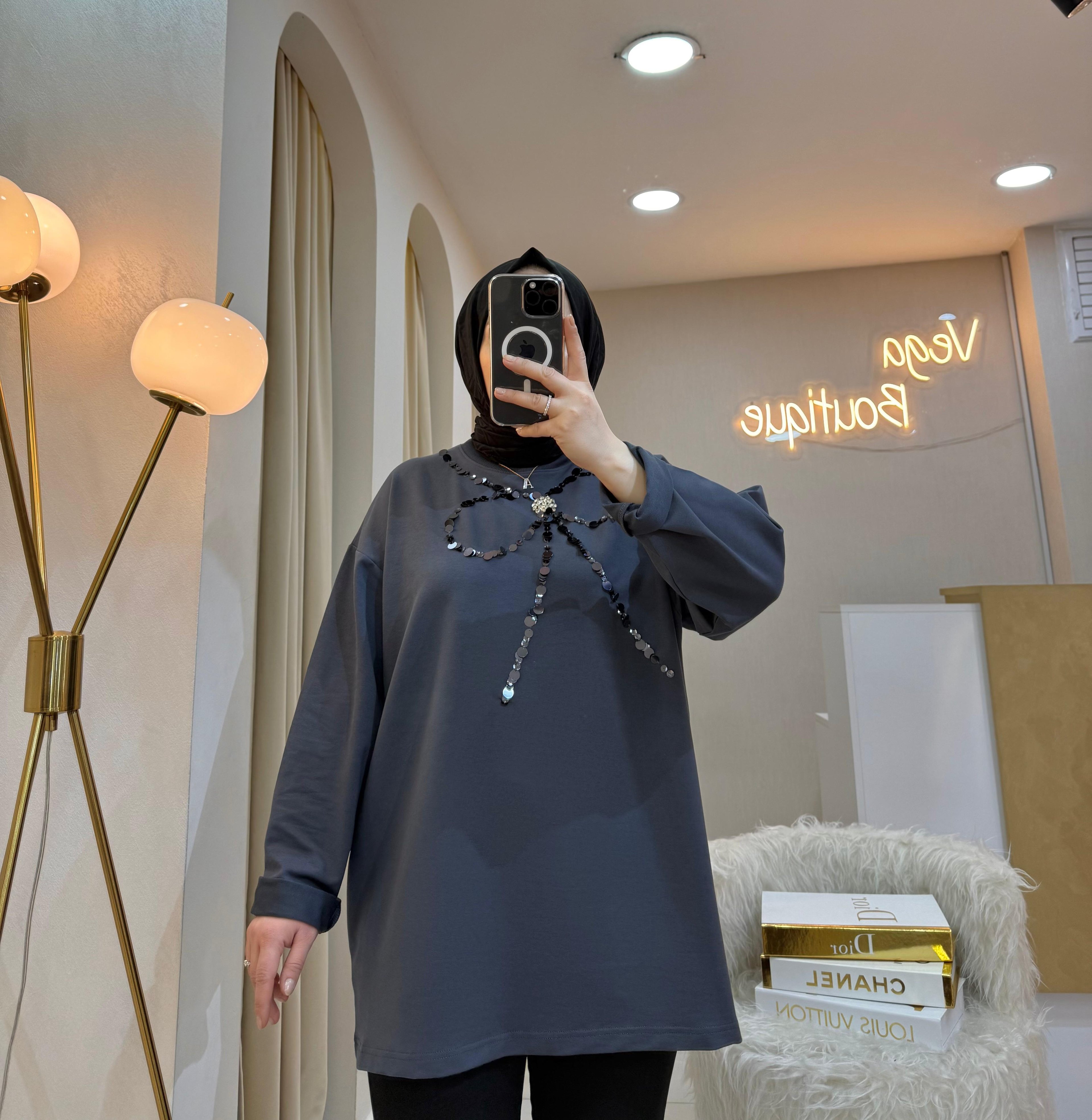 Kurdele Taşlı Sweat Füme