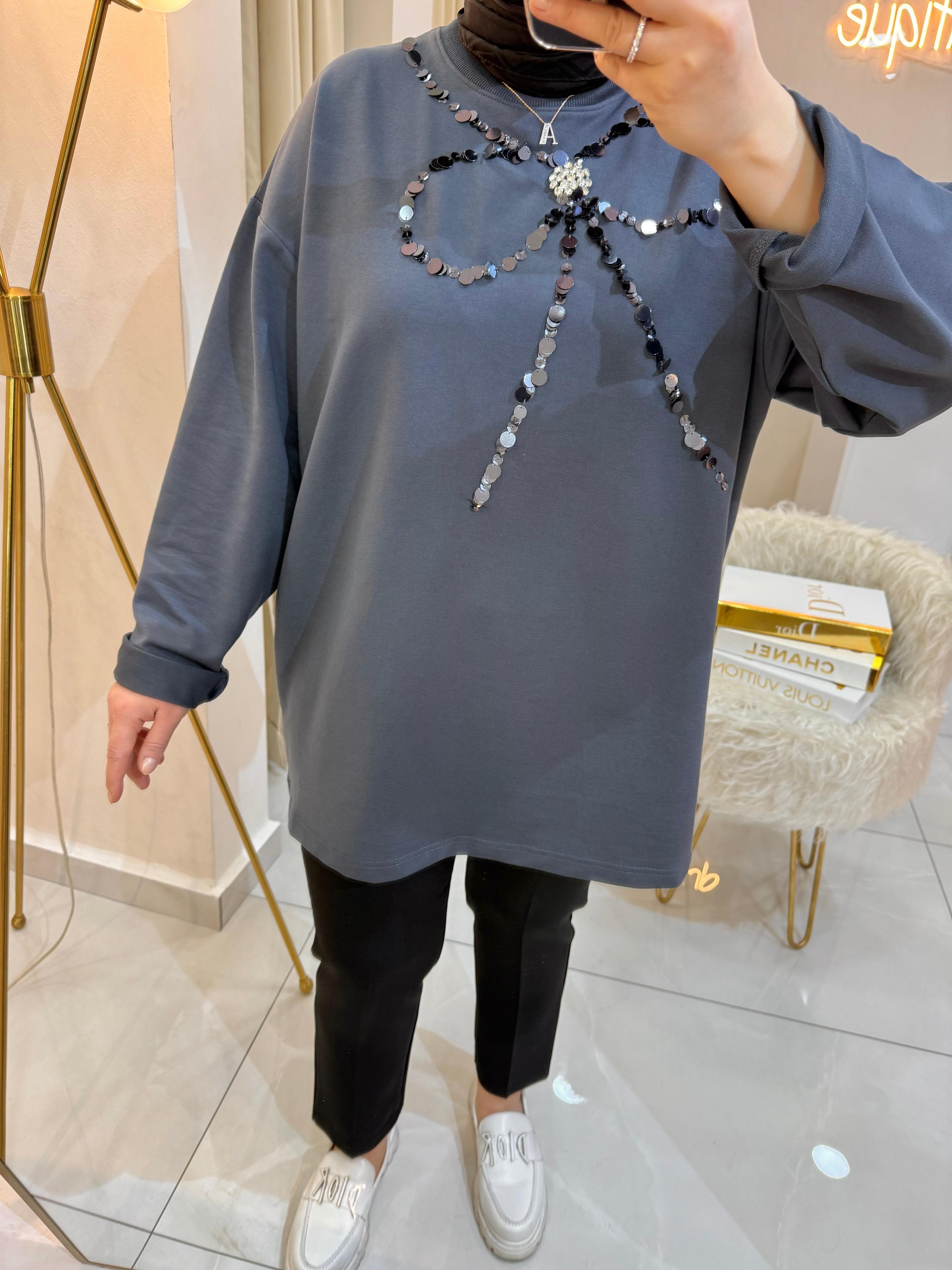 Kurdele Taşlı Sweat Füme