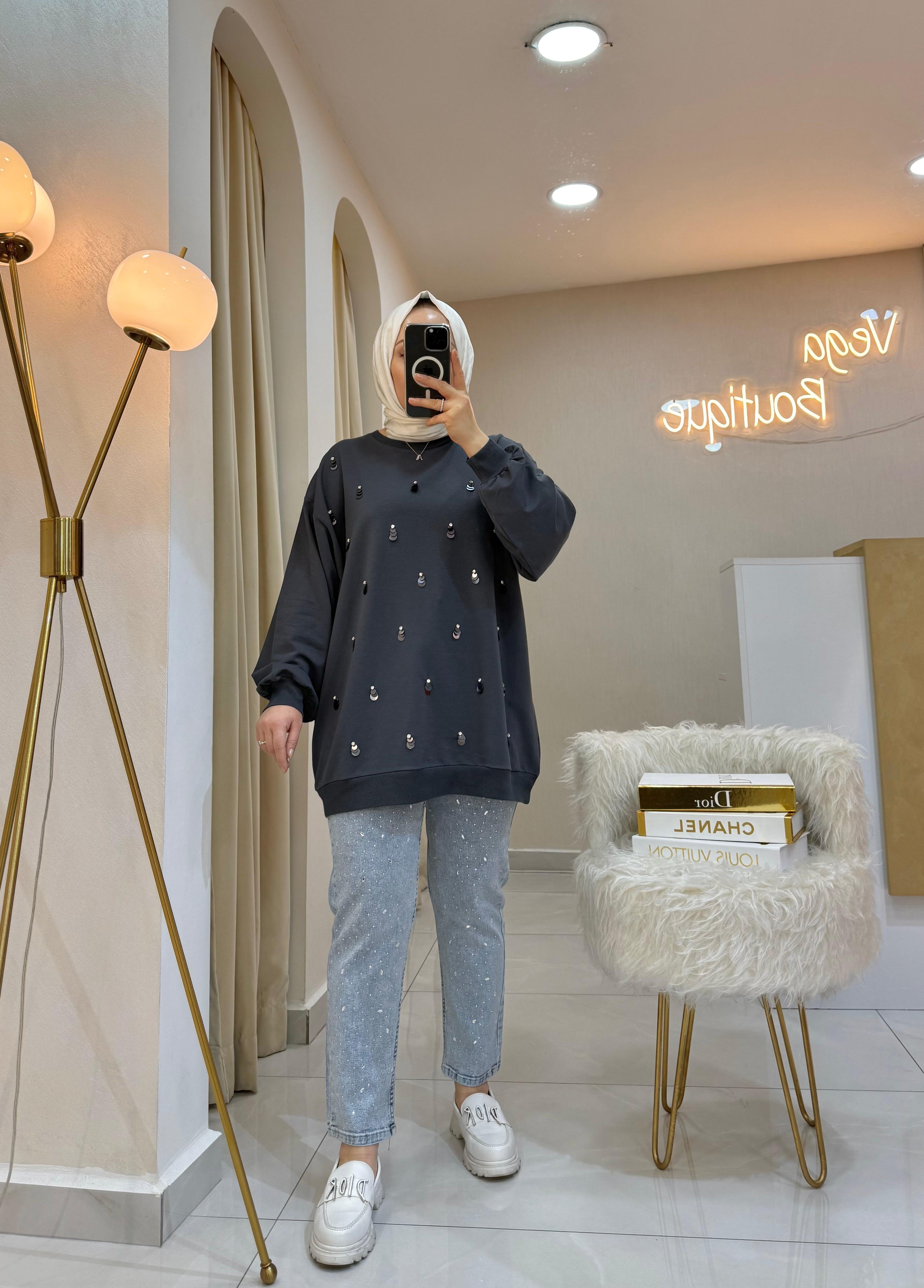 Pullu Taşlı Sweat Füme
