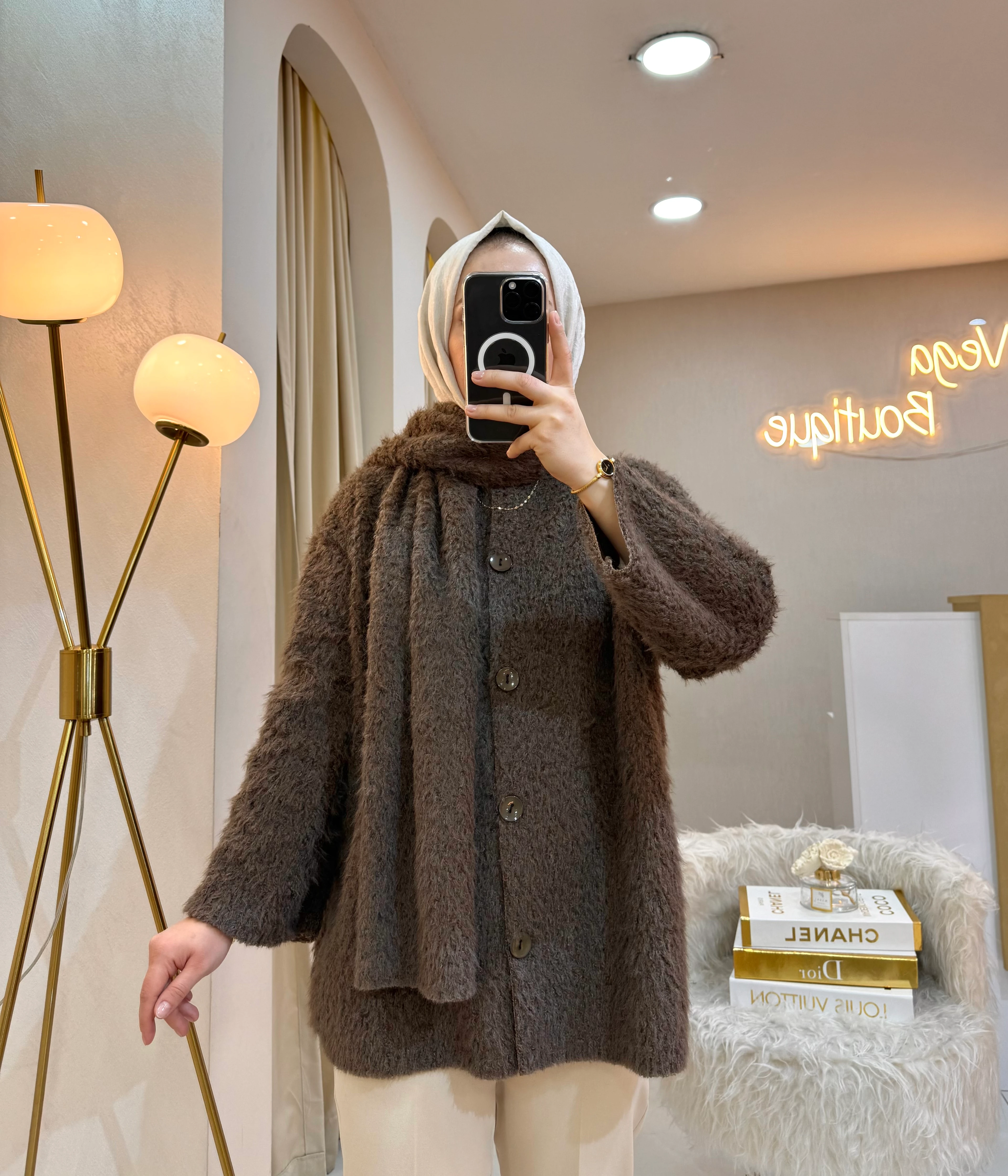 Atkılı Peluş Ceket Koyu Kahve