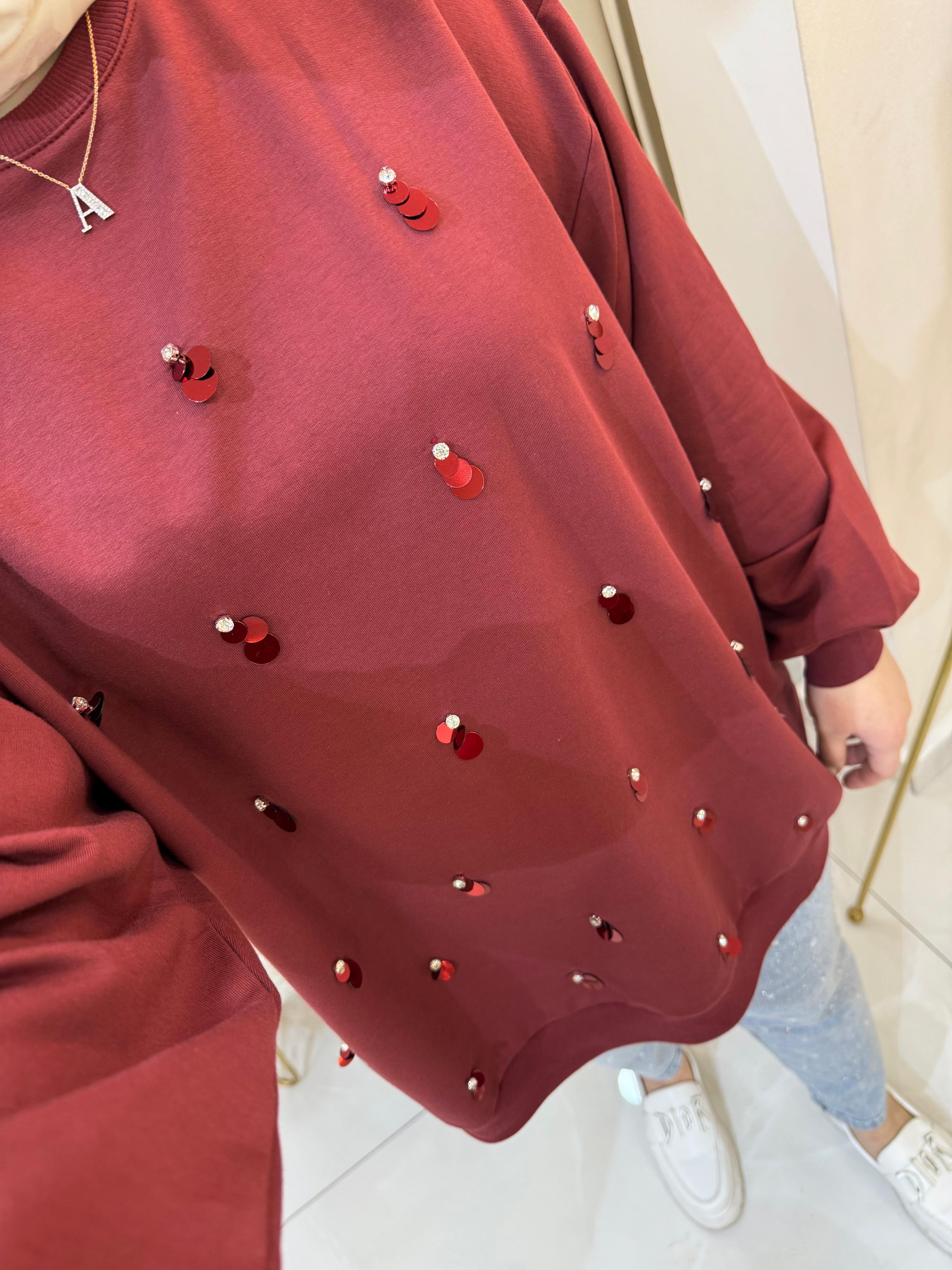 Pullu Taşlı Sweat Bordo