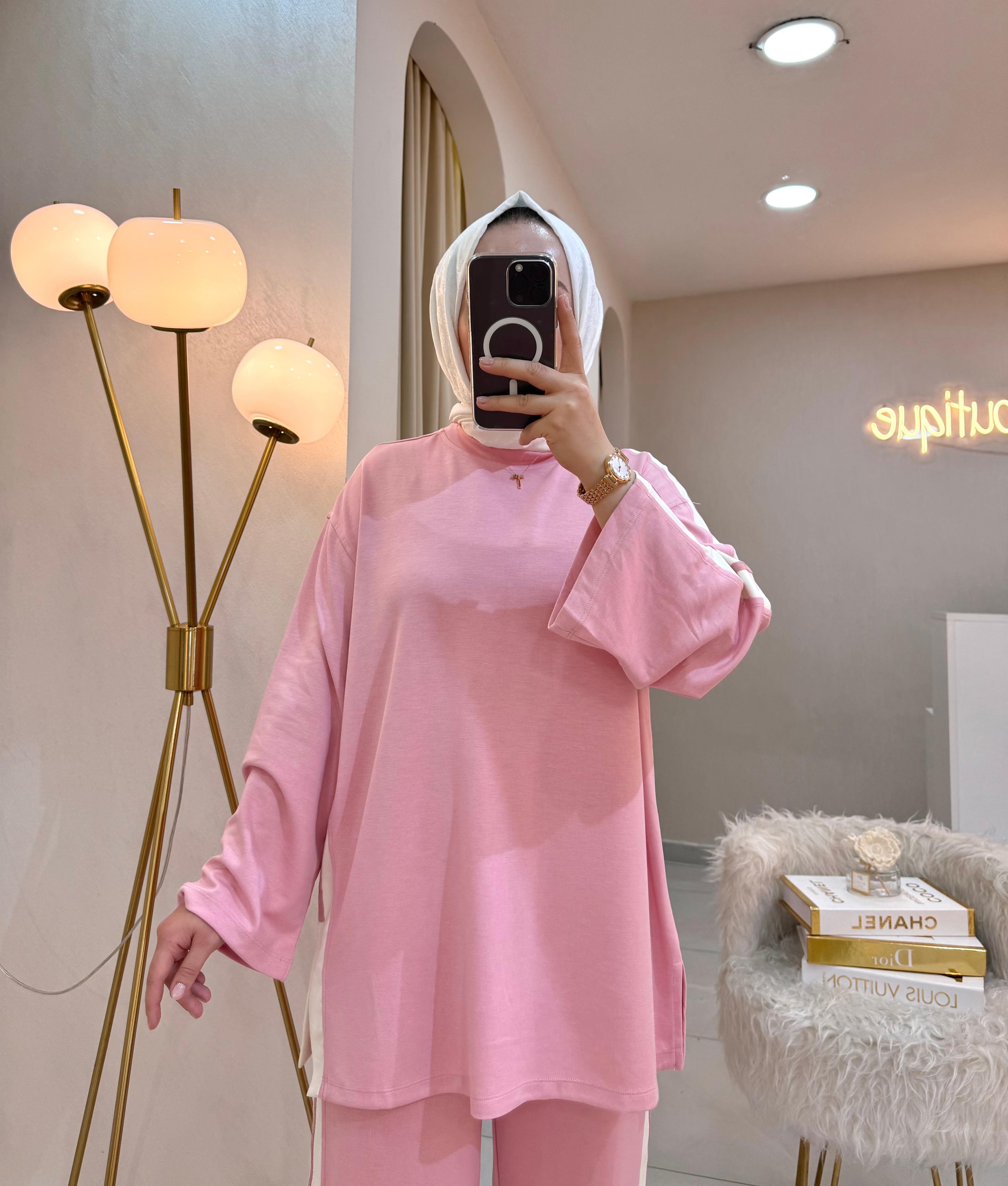 Kontrast Garni Detaylı Takım Pembe
