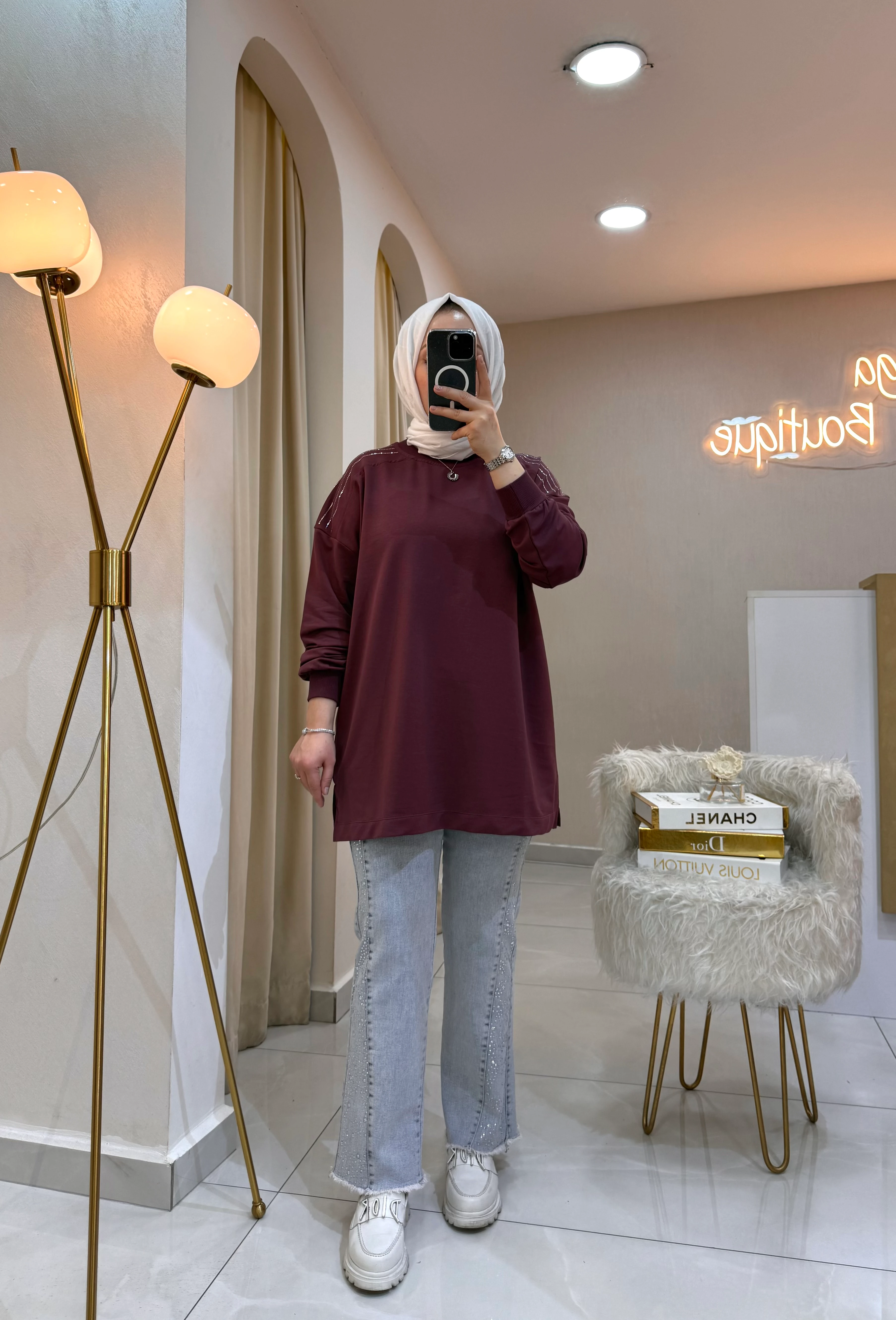 Omzu Taşlı Sweat Mürdüm