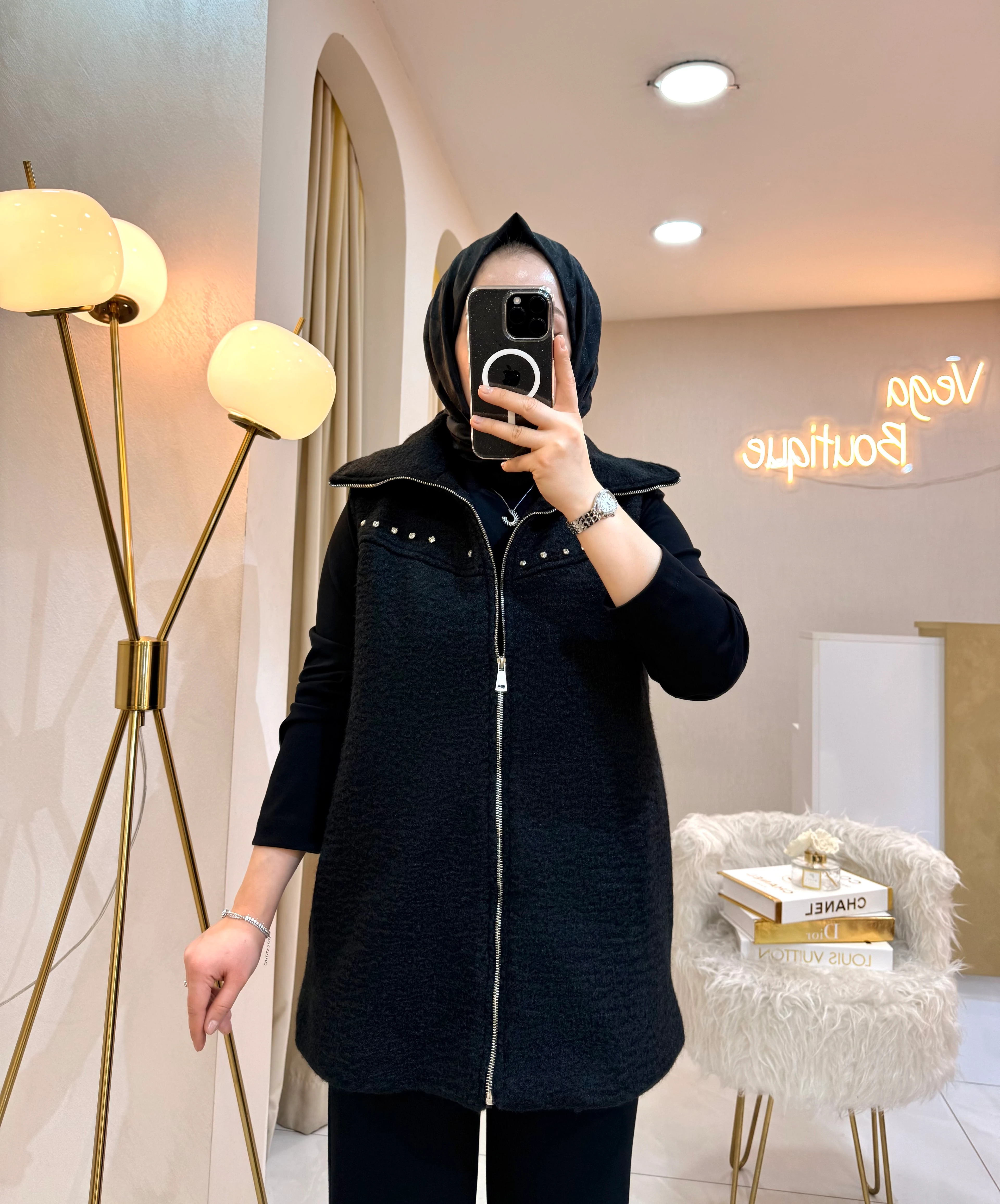 Taş Detaylı 3'lü Yelekli Takım Siyah