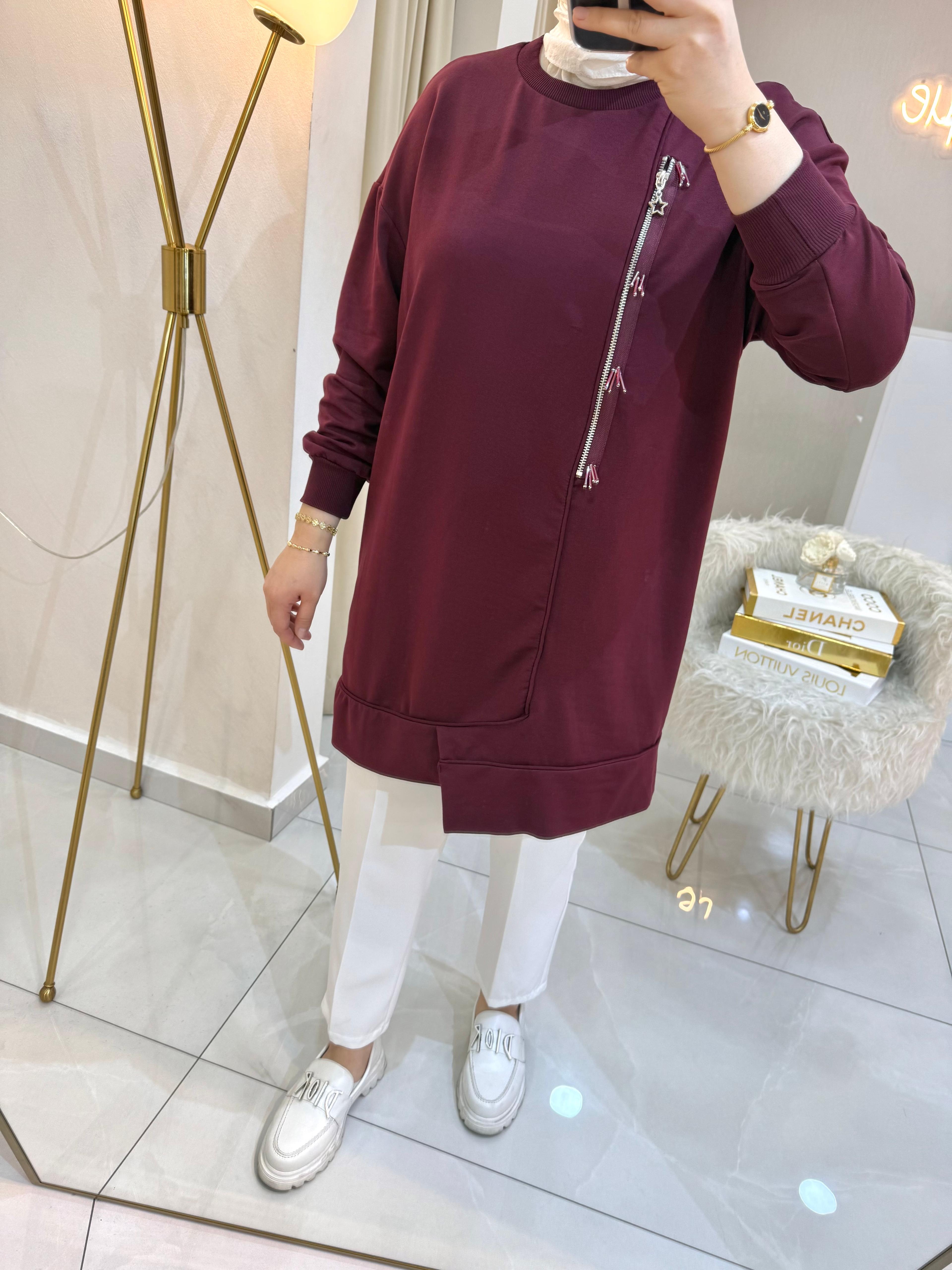 Boncuklu Fermuar Sweat Bordo