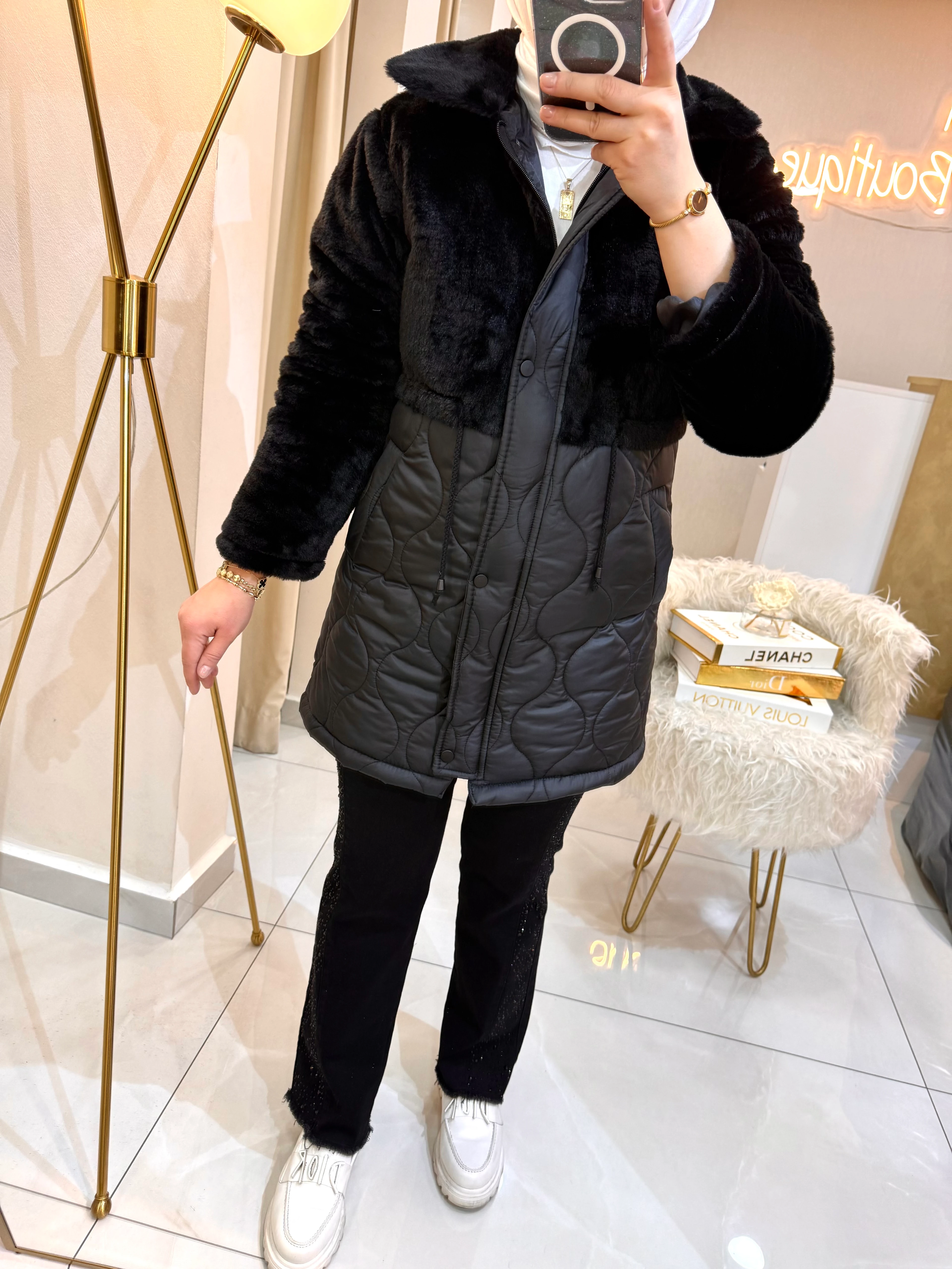 Peluş Detaylı Şişme Mont Siyah