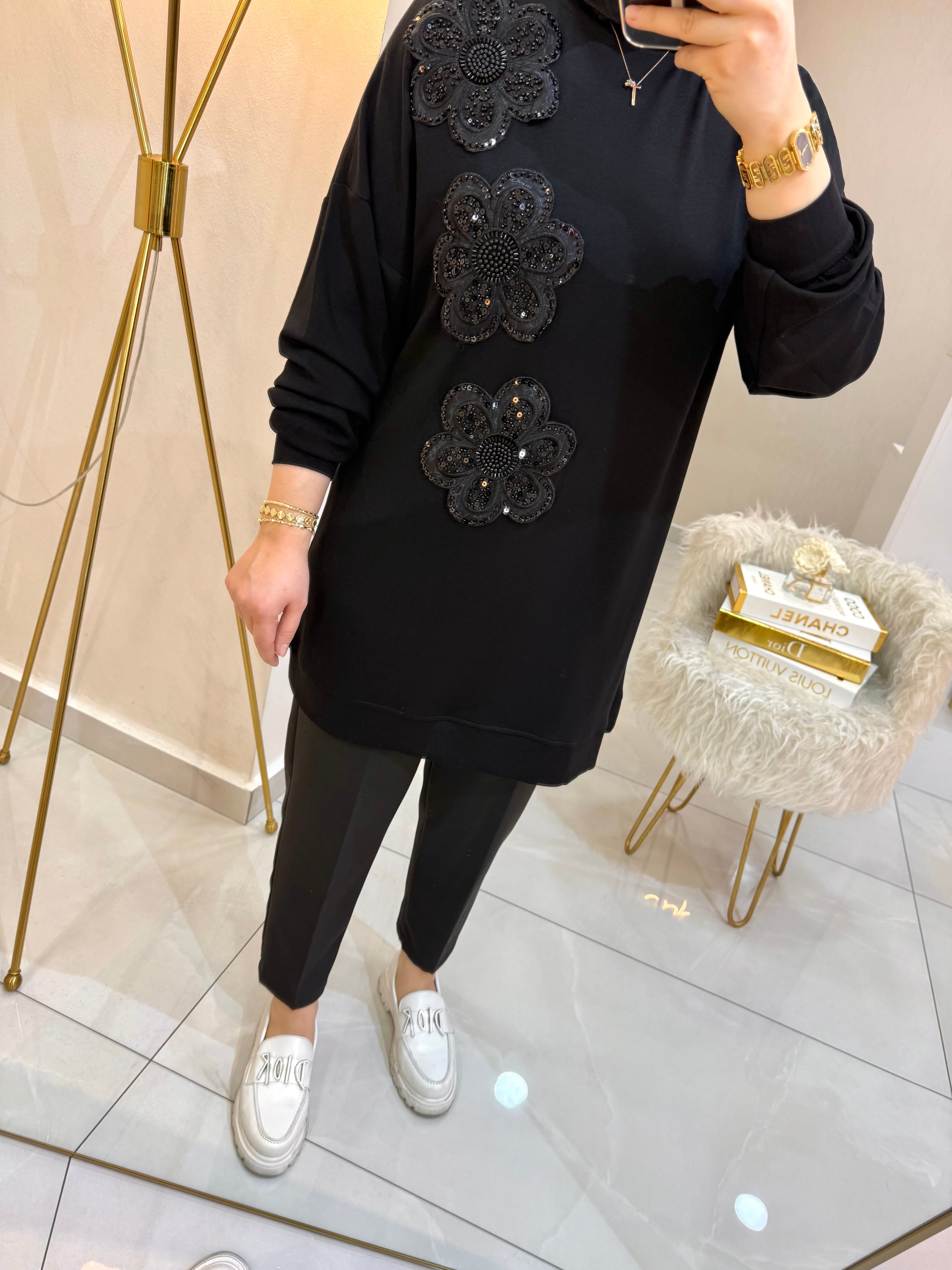Güpür Çiçekli Sweat Siyah