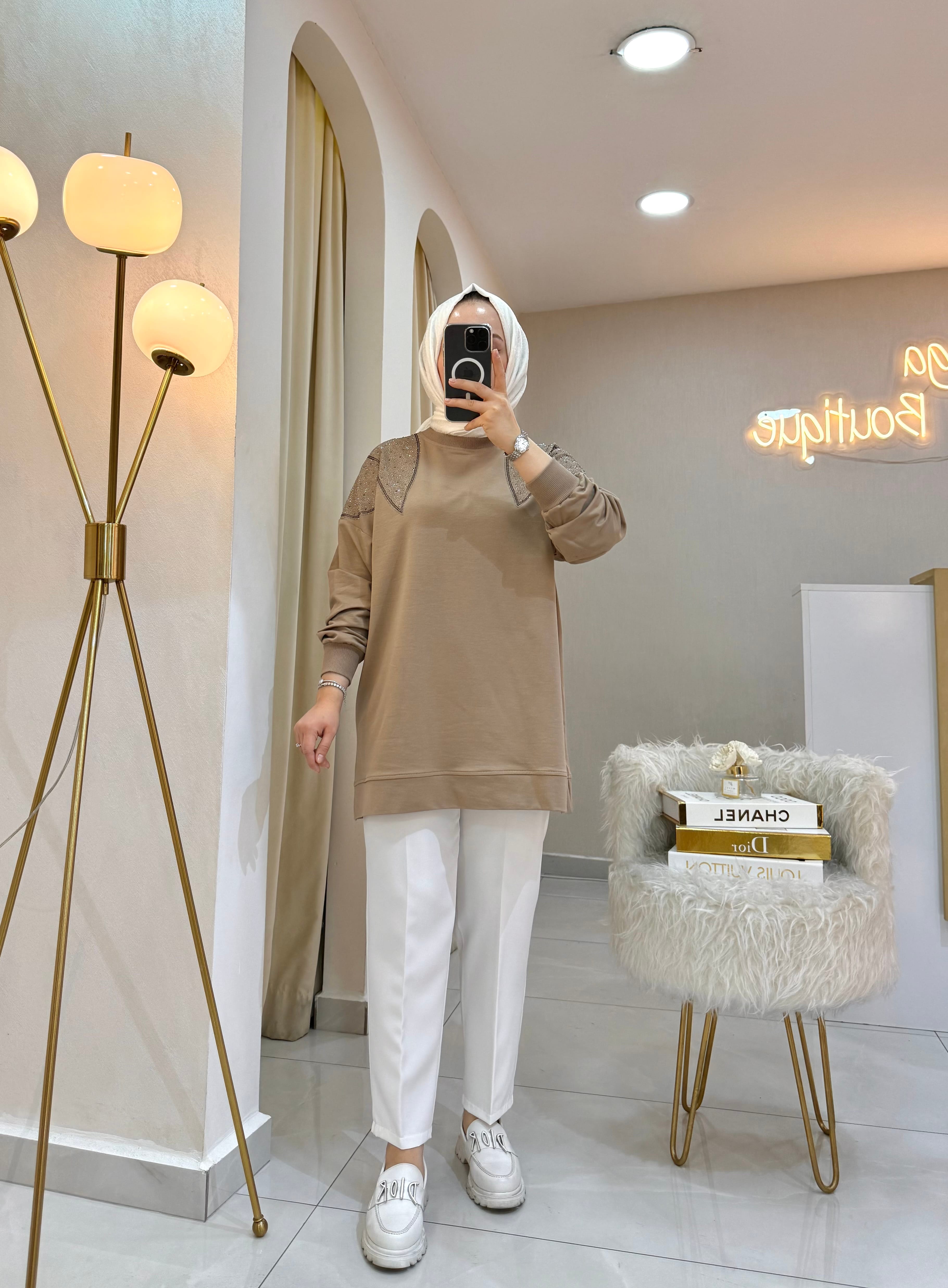 Omzu Taşlı Sweat Vizon