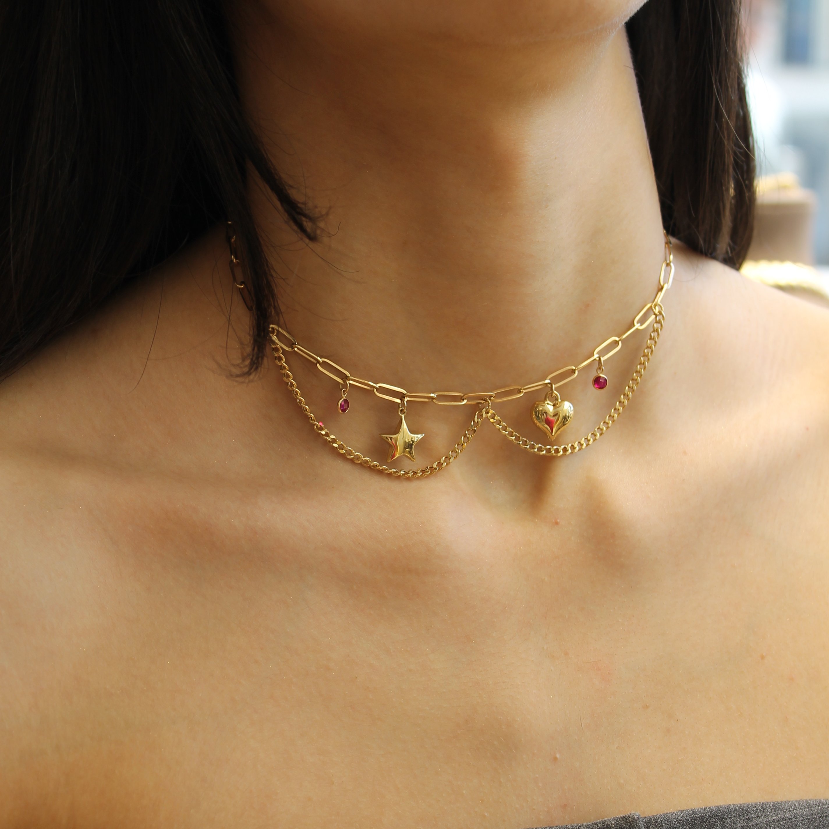Kalp ve Yıldız Choker Kolye
