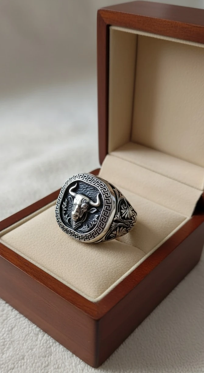 925 Ayar Gümüş Boğa Figürlü Erkek Yüzüğü Güç ve Asalet