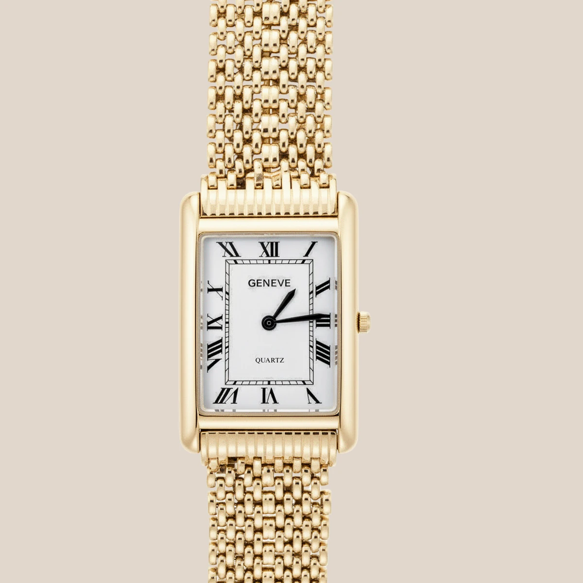 Geneve Dikdörtgen Kadranlı Retro Kordon Altın Erkek Saat