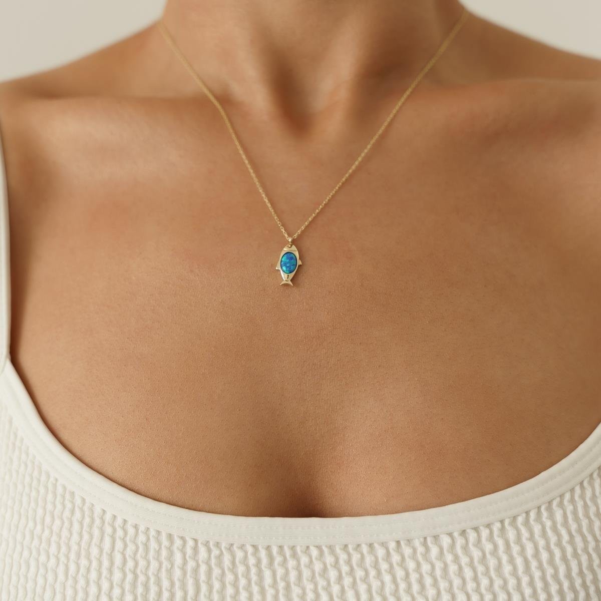 Opal Taşlı Balık Altın Kolye