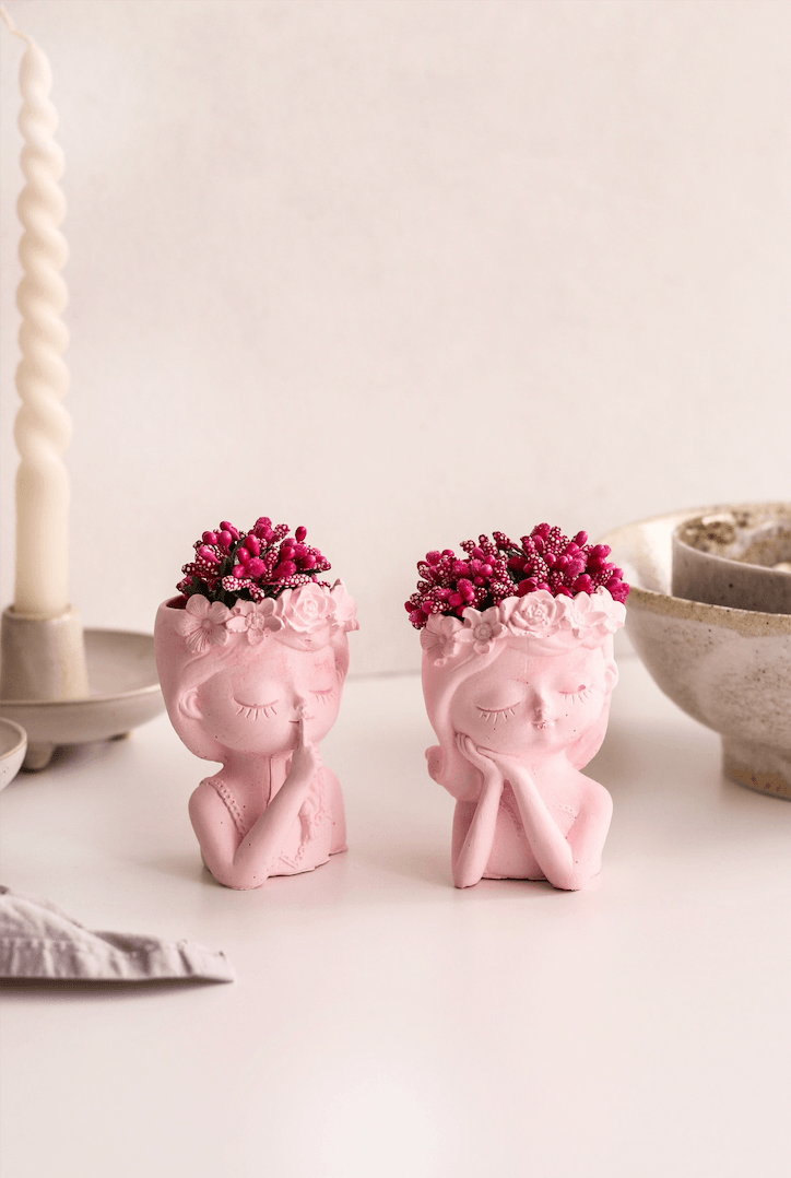 İkili Çiçekli Kız Kardeşler Dekor Vazo (Çiçekler dahildir) - pembe