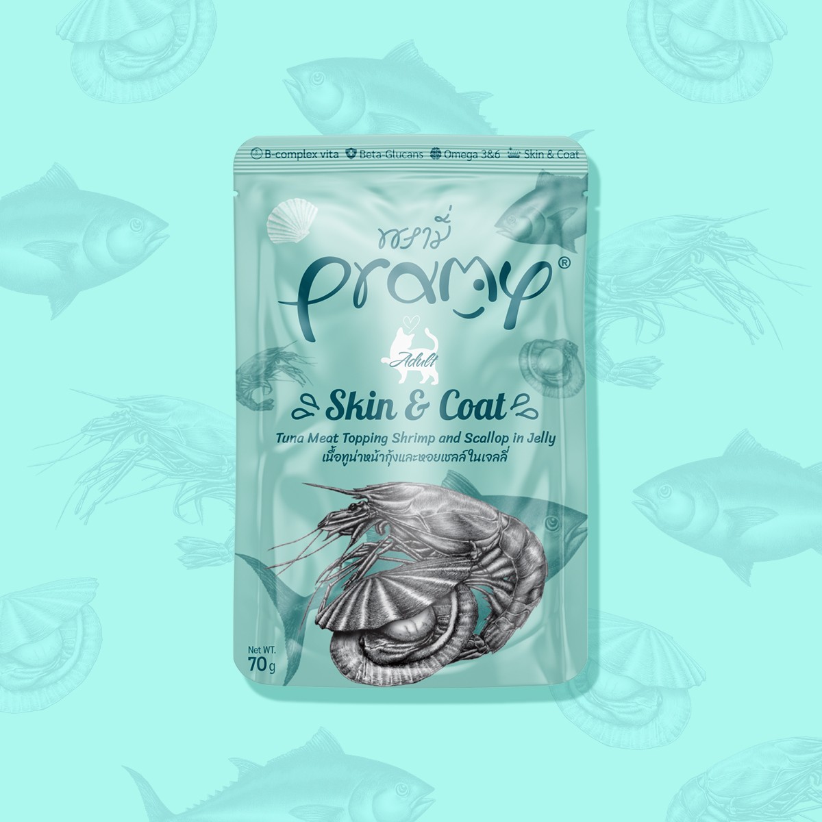 Pramy Tuna, Karides ve Deniz Taraklı Jel Yaş Mama 70g - Skin & Coat-