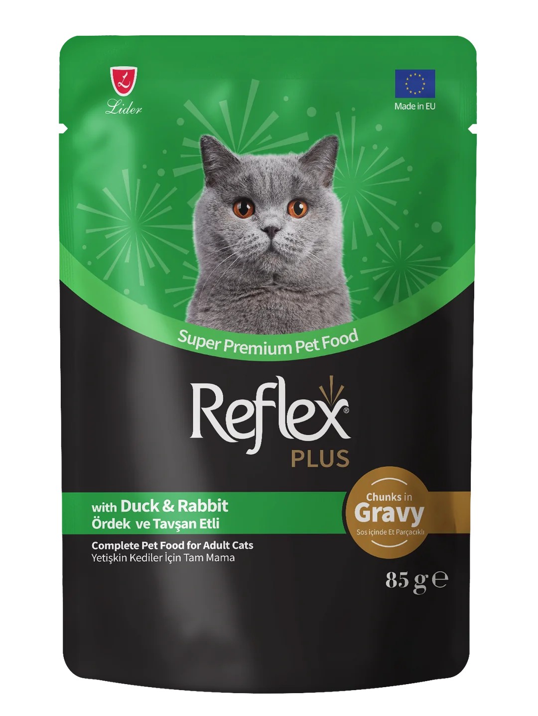 Reflex Plus Sos İçinde Ördekli & Tavşanlı Yetişkin Kedi Maması 85g 24'lü