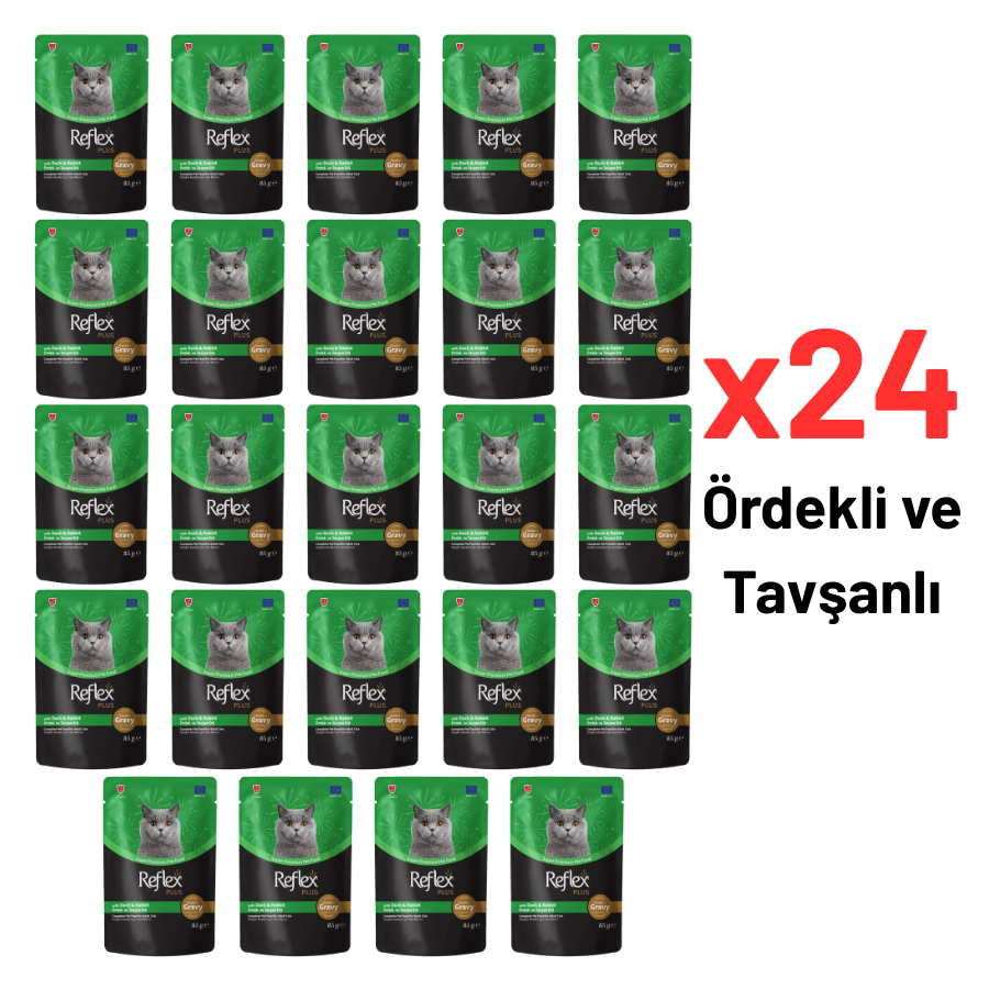 Reflex Plus Sos İçinde Ördekli & Tavşanlı Yetişkin Kedi Maması 85g 24'lü