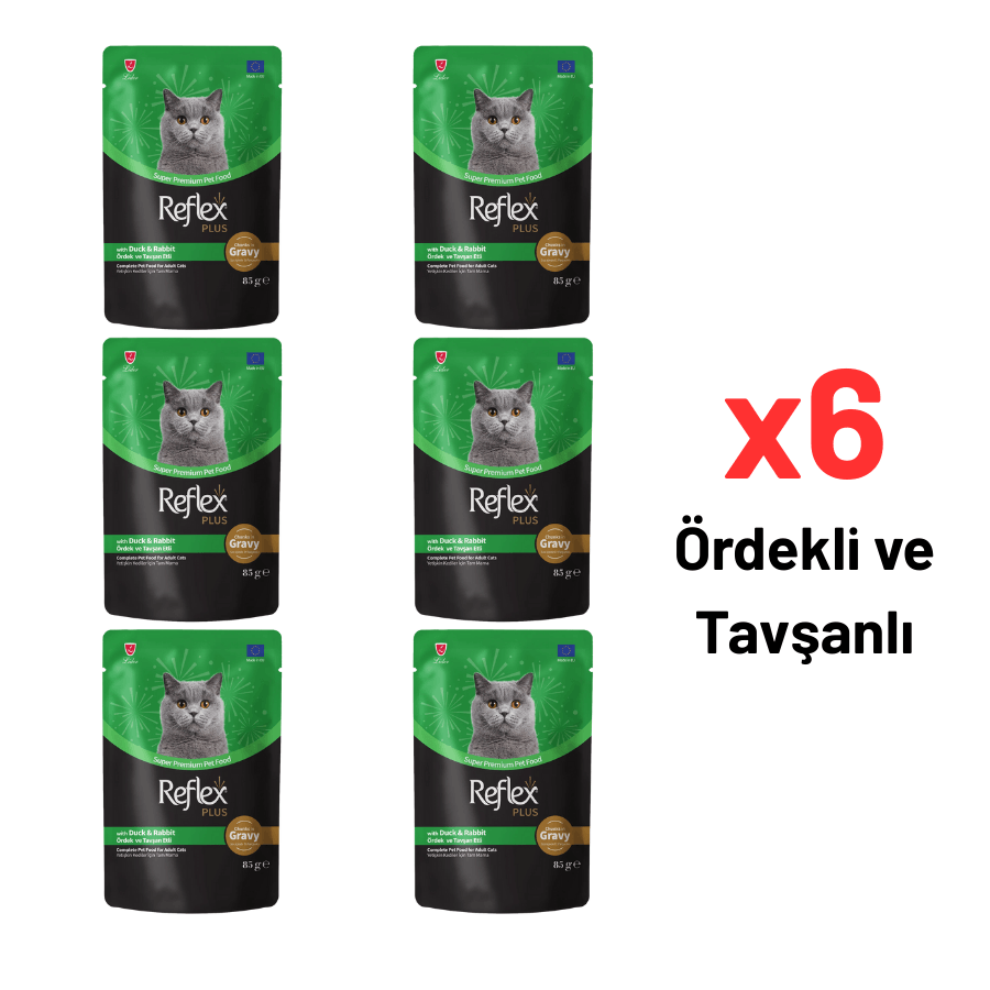 Reflex Plus Sos İçinde Ördekli & Tavşanlı Yetişkin Kedi Maması 85g 6'lı