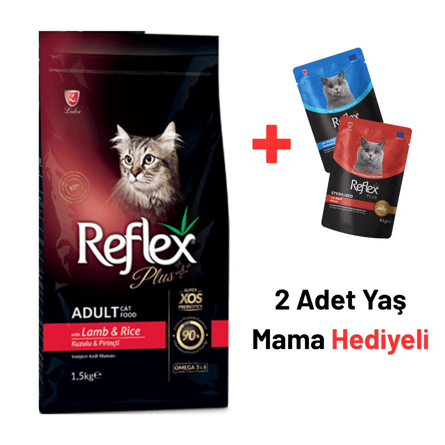 Reflex Plus Kuzu Etli ve Pirinçli Yetişkin Kedi Maması 1,5 Kg+ 2 Reflex Plus Yaş Mama