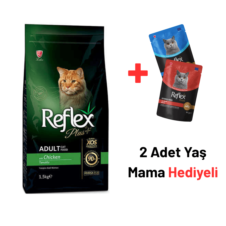 Reflex Plus Tavuklu Yetişkin Kedi Maması 1,5 Kg + 2 Reflex Plus Yaş Mama