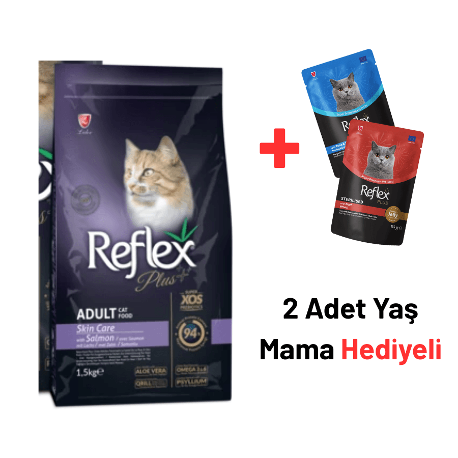 Reflex Plus Skin Care Somonlu Yetişkin Kedi Maması 1,5 Kg + 2 Reflex Plus Yaş Mama