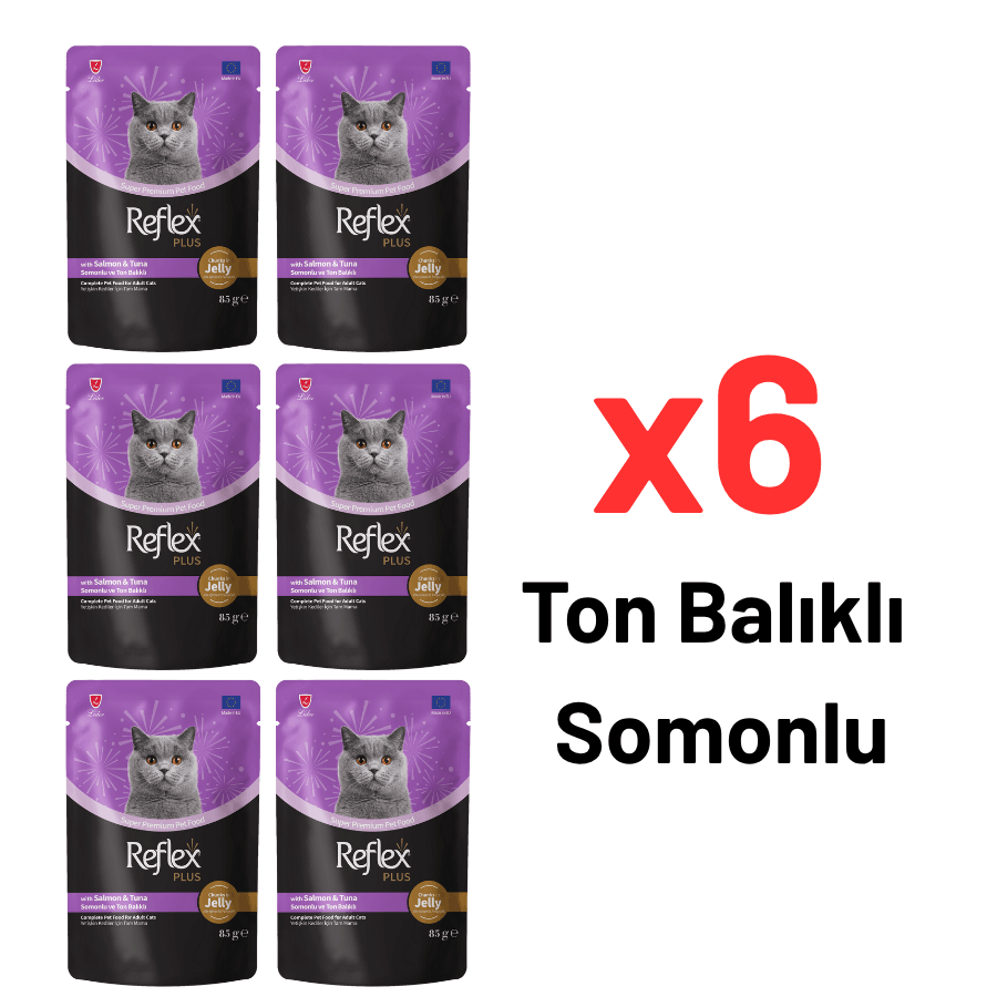 Reflex Plus Jöle İçinde Somonlu & Ton Balıklı Yetişkin Kedi Maması 85 Gr 6'lı