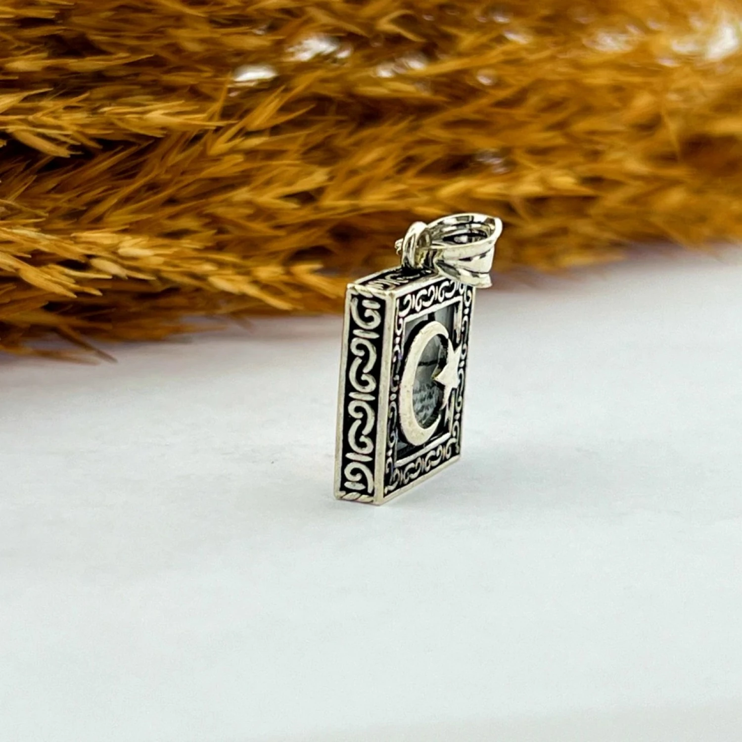 925 AYAR GÜMÜŞ KARE AY YILDIZ TASARIM CEVŞEN KOLYE UCU