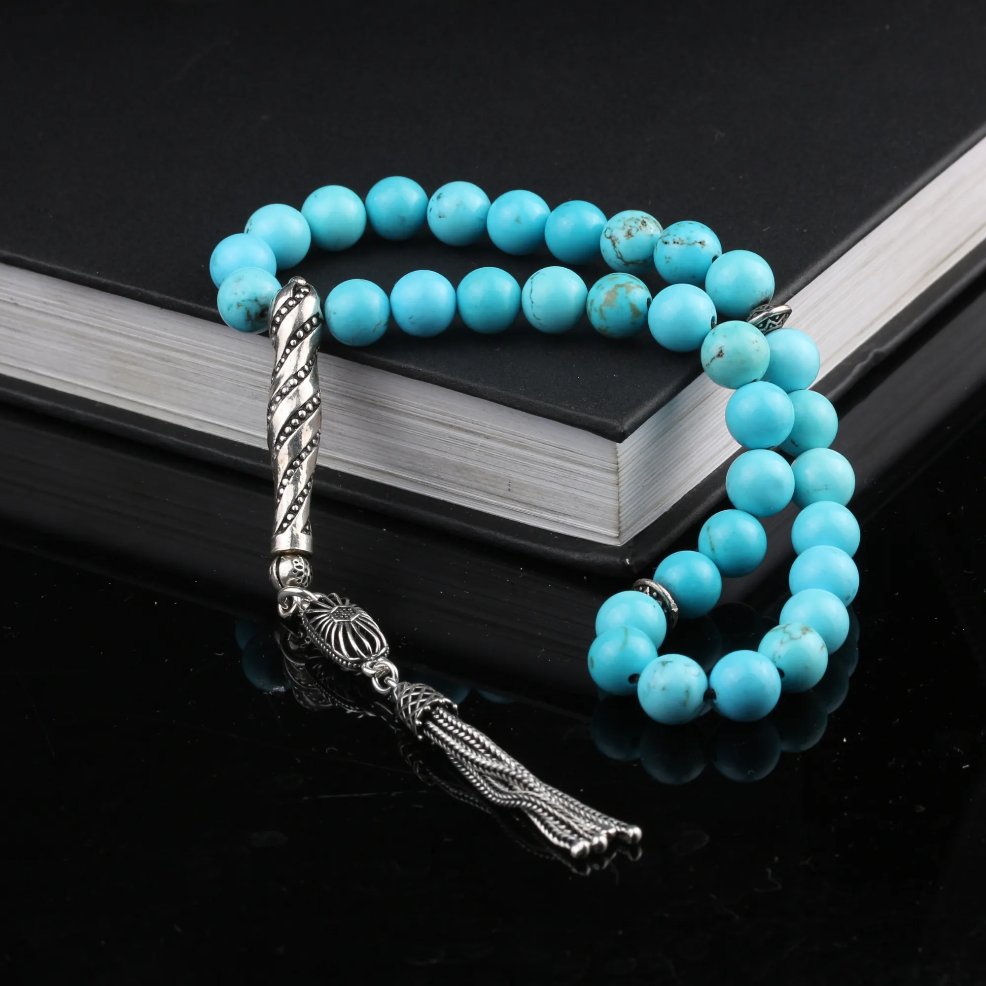 FİZYON PÜSKÜLLÜ 925 AYAR GÜMÜŞ MAVİ HAVLİT TAŞI TESBİH