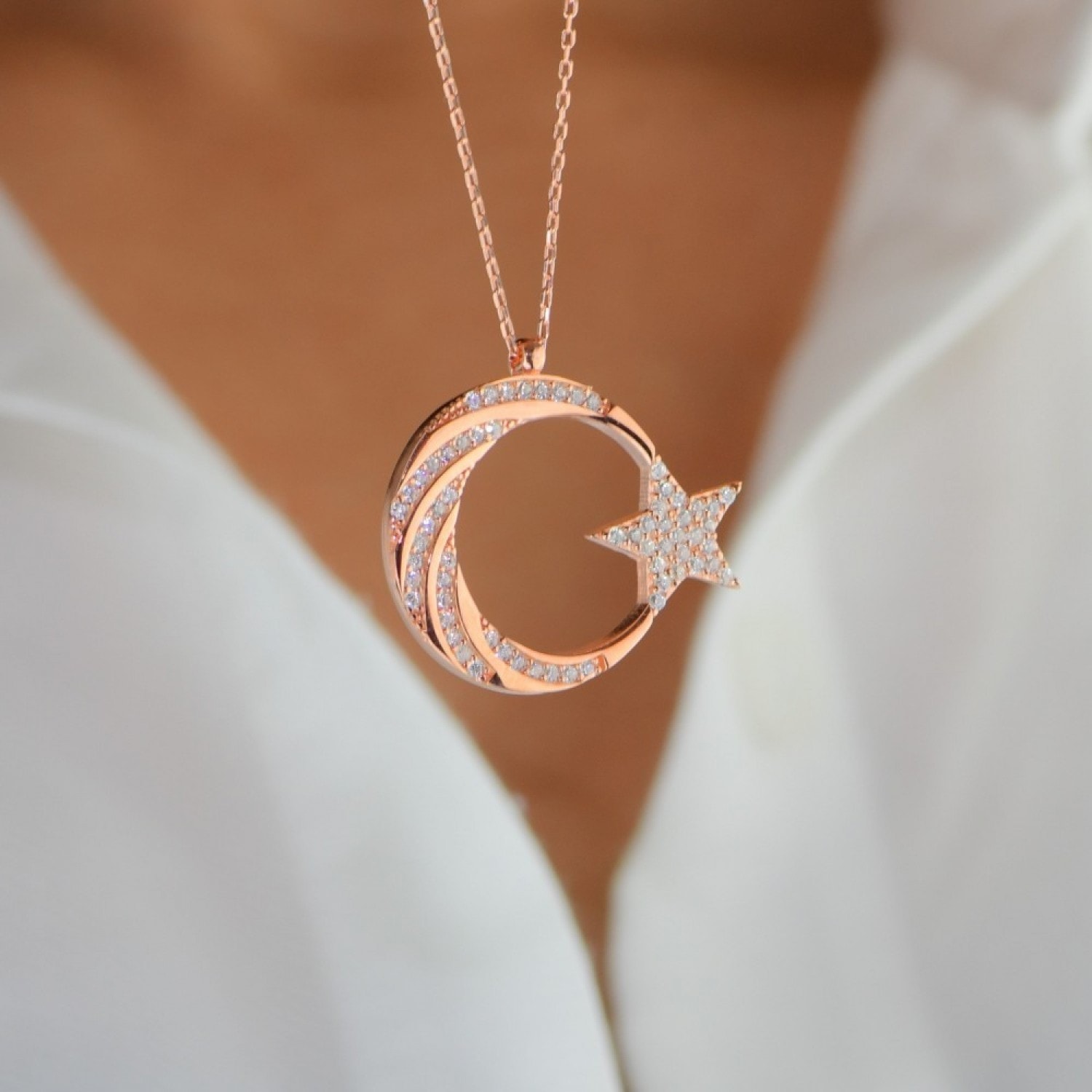 925 AYAR AY YILDIZ ÖZEL TASARIM GÜMÜŞ HAYALET KOLYE