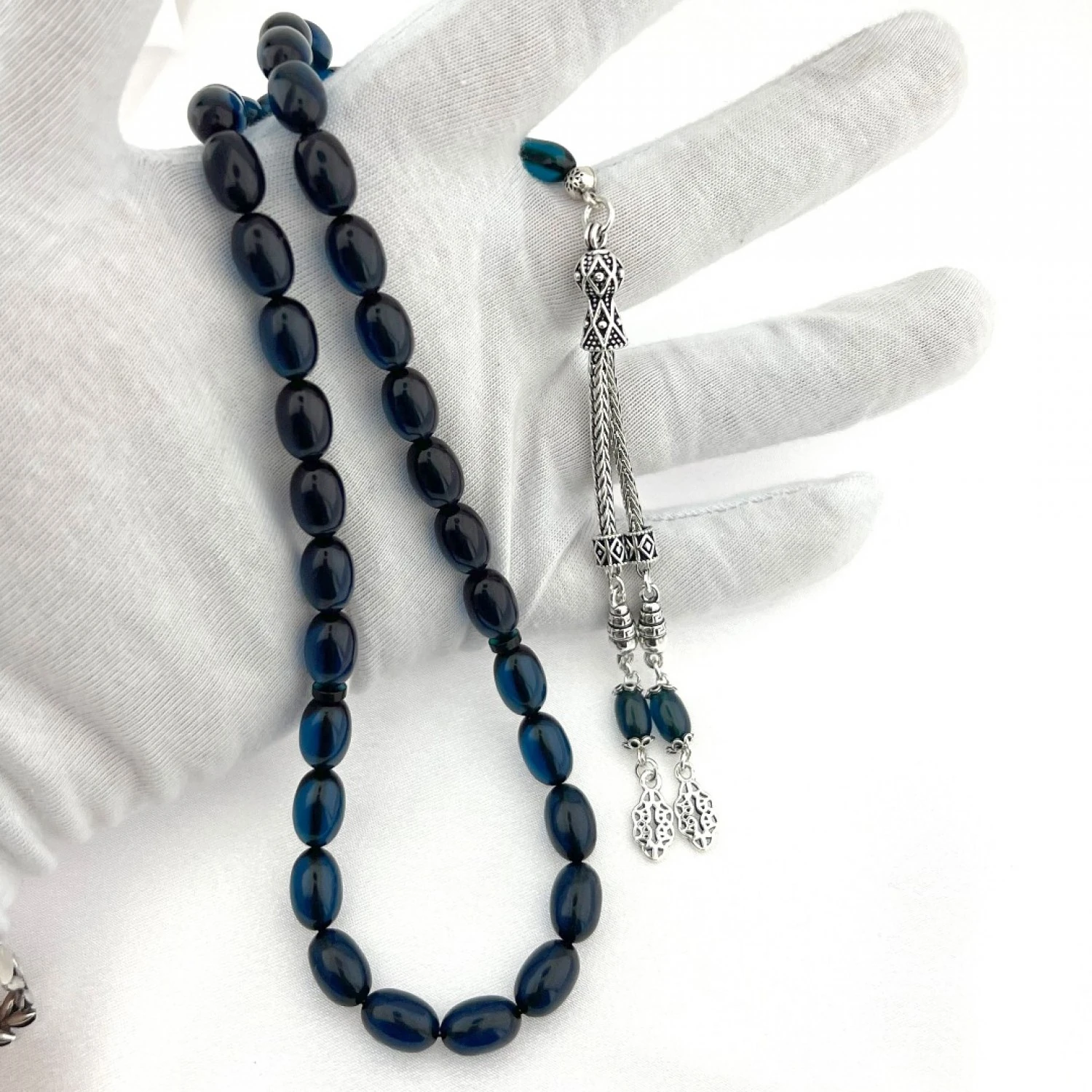 925 AYAR GÜMÜŞ ARPA KESİM GECE MAVİSİ İKİLİ PÜSKÜL ATEŞ KEHRİBAR TESBİH