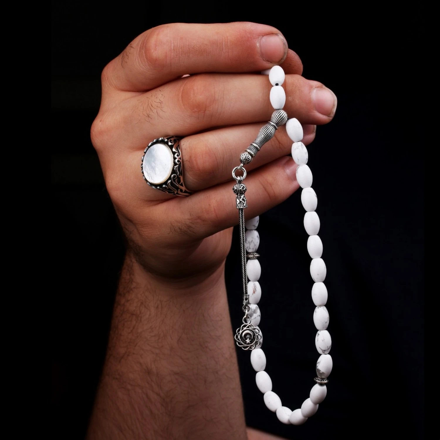 925 Ayar Gümüş Havlit Taşlı Erkek Yüzük Ve Tesbih Kombin