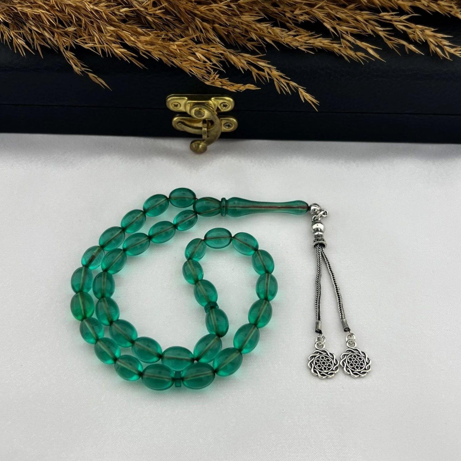 925 AYAR GÜMÜŞ ARPA KESİM ÖZEL EL İŞÇİLİĞİ TİLKİ KUYRUĞU İKİLİ PÜSKÜL TASARIM SU YEŞİLİ ATEŞ KEHRİBAR TESBİH